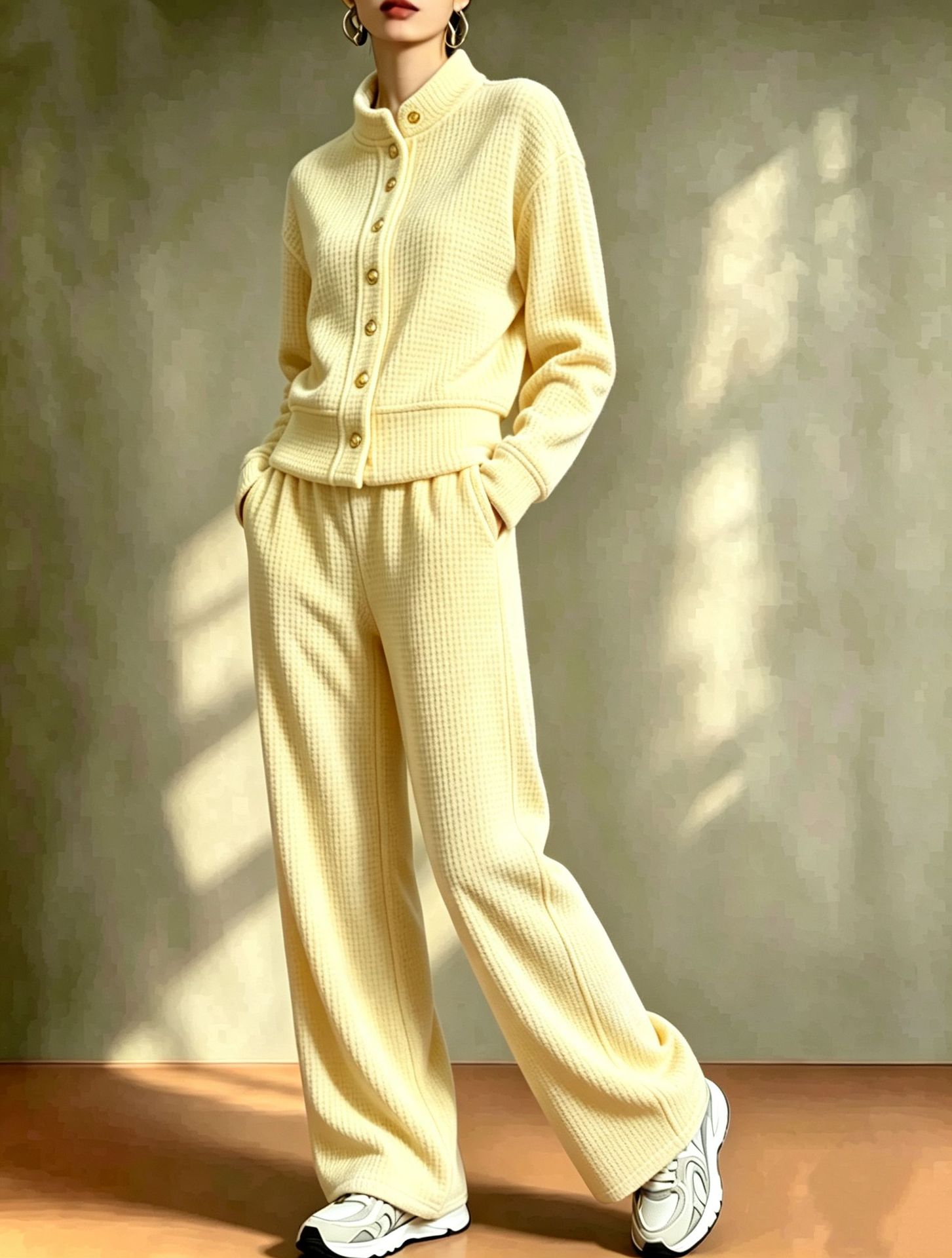 2‑Piece Waffle Knit Co‑Ord Set | Stand‑Collar Button Cardigan Top & Wide‑Leg Pants Casual Loungewear Outfit