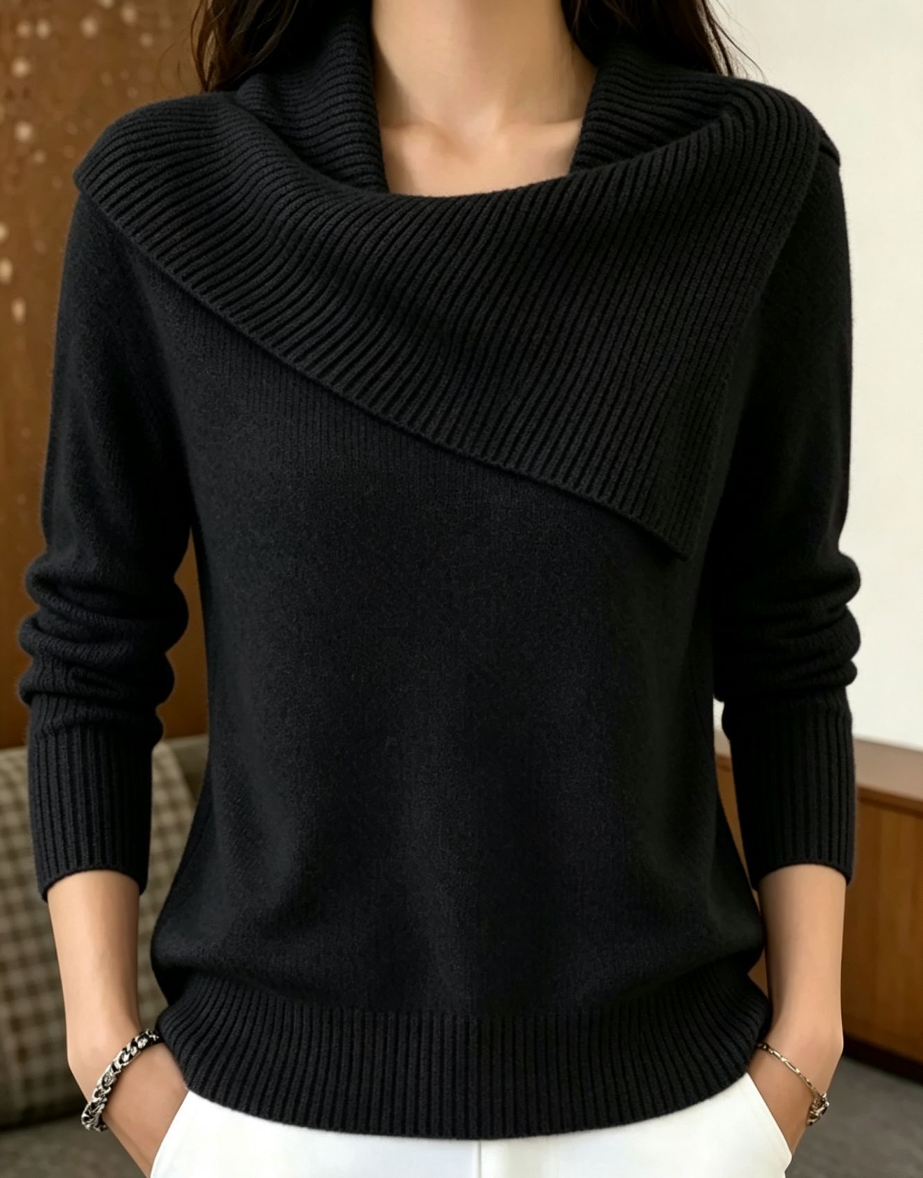 Pearl Decor Asymmetric Wrap Cowl Neck Knit Sweater