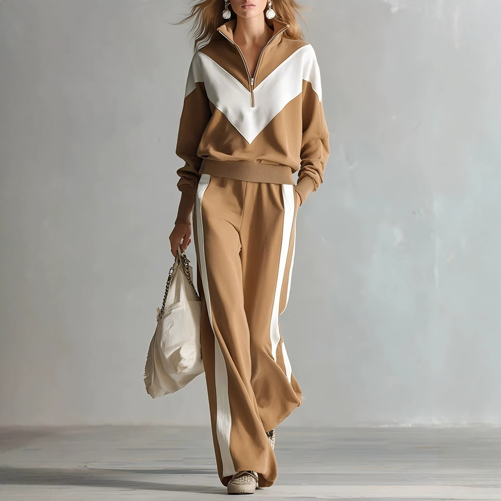 Chic Color‑Block Half‑Zip Tracksuit Two‑Piece Outfit