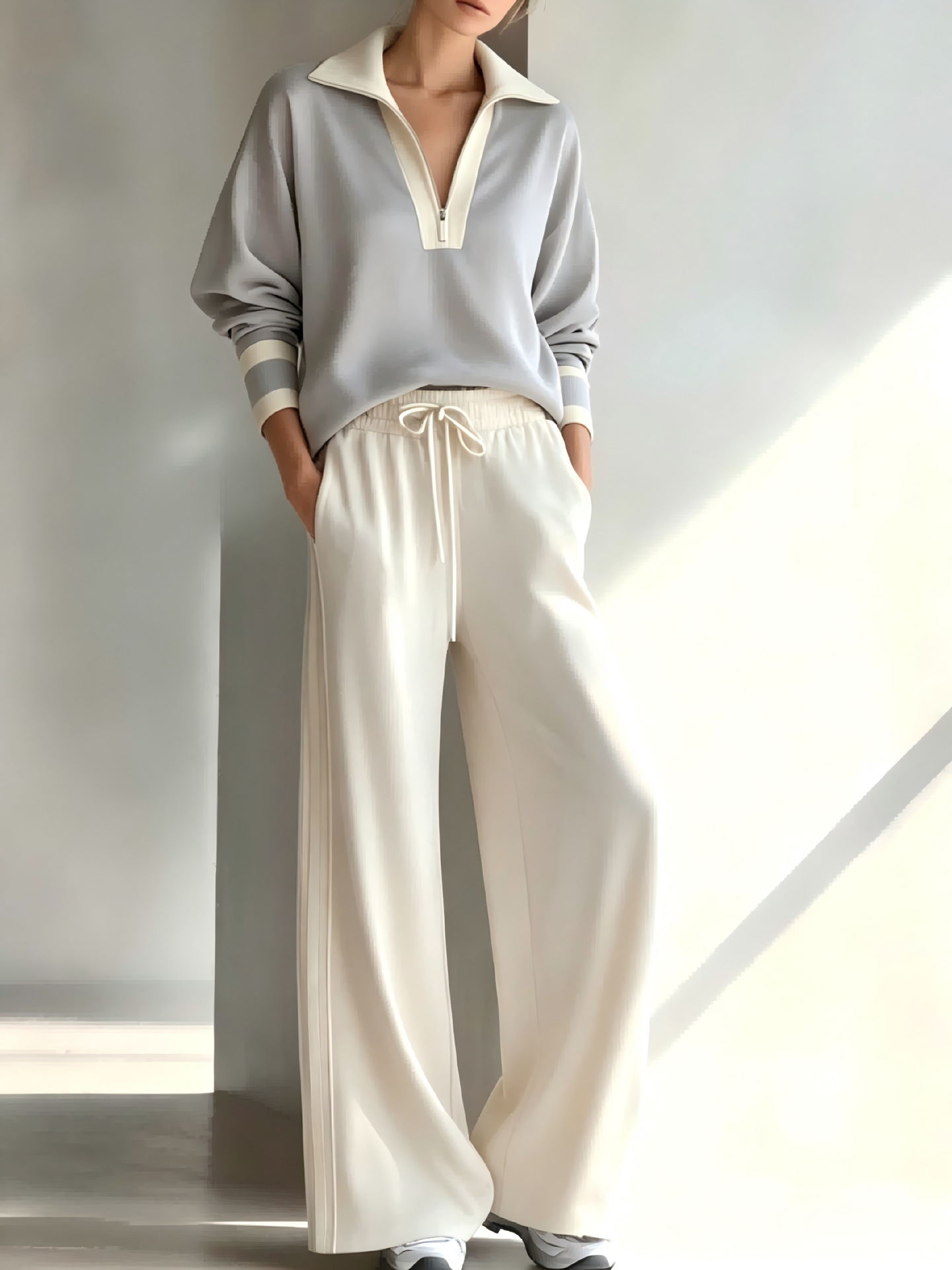 2‑Piece Half‑Zip Collared Co‑Ord Set | Long Sleeve Pullover & Drawstring Wide Leg Track Pants Casual Sport Outfit