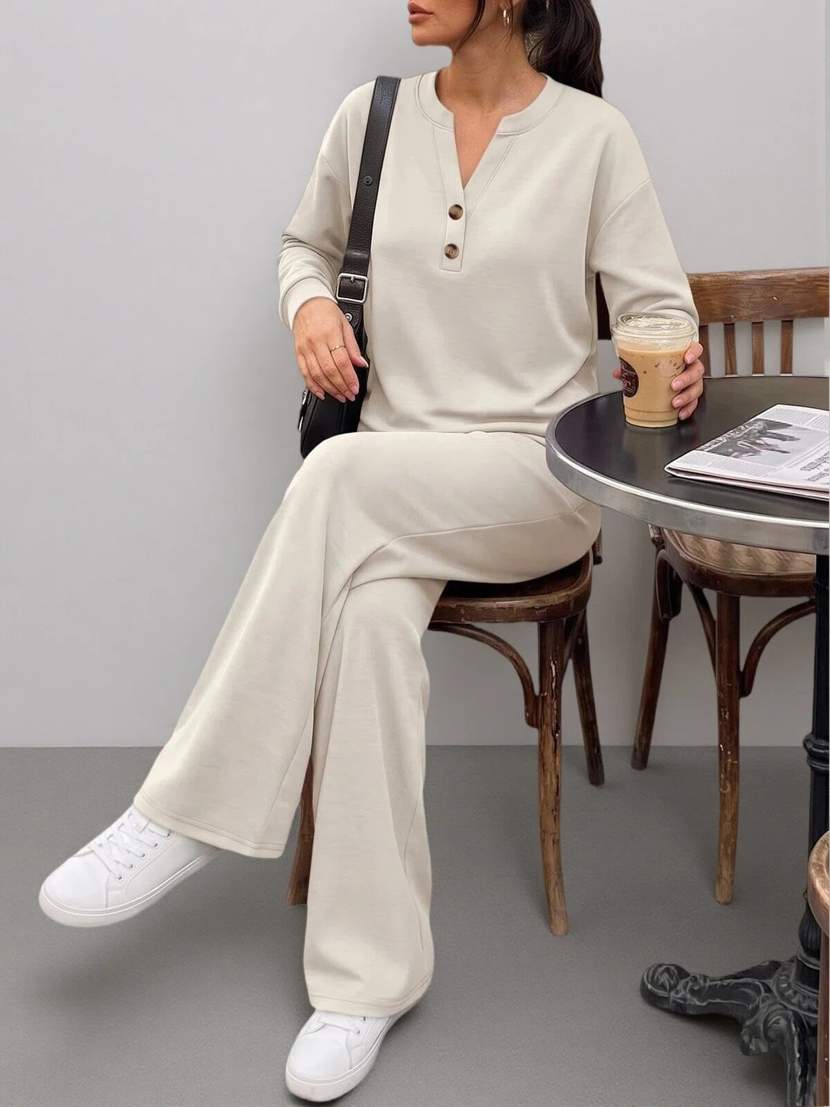 Henley Button‑Notch Sweatshirt & Drawstring Wide‑Leg Two‑Piece Loungewear Set