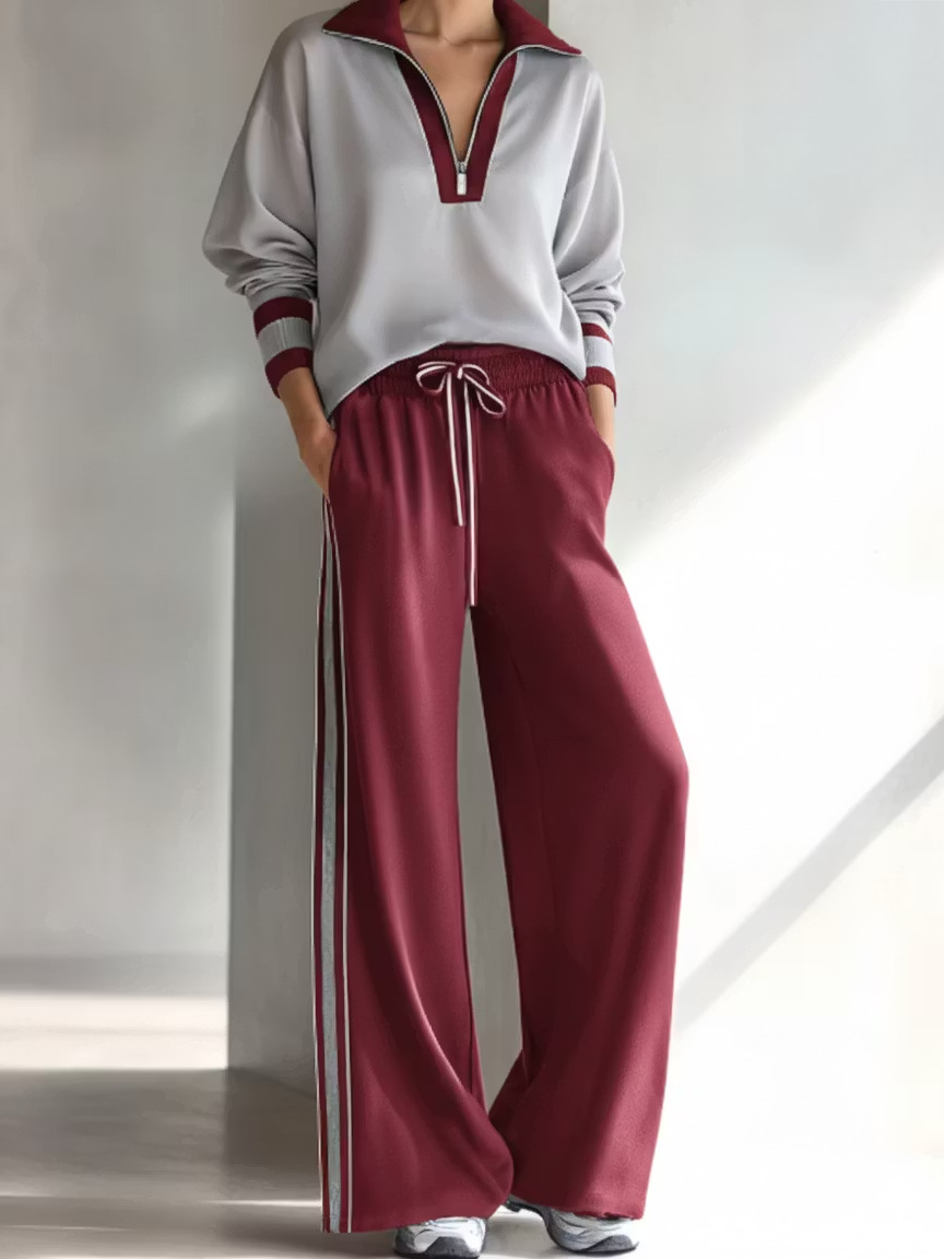 2‑Piece Half‑Zip Collared Co‑Ord Set | Long Sleeve Pullover & Drawstring Wide Leg Track Pants Casual Sport Outfit