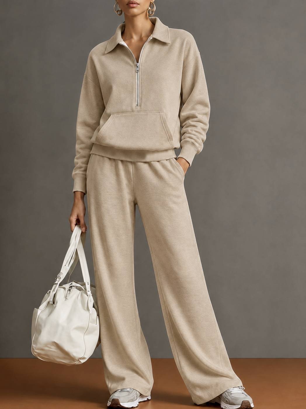 Polo Collar Half‑Zip Sweatshirt with Kangaroo Pocket & Drawstring Wide‑Leg Two‑Piece Loungewear Set