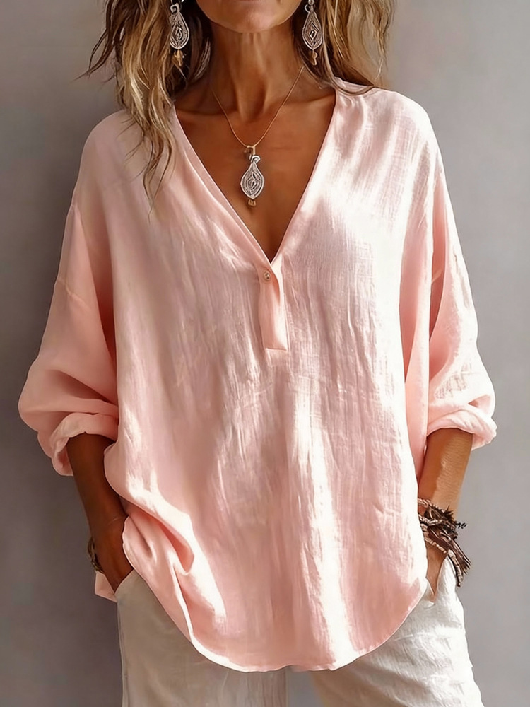 Oversized Crinkled V-Neck Half Button Blouse