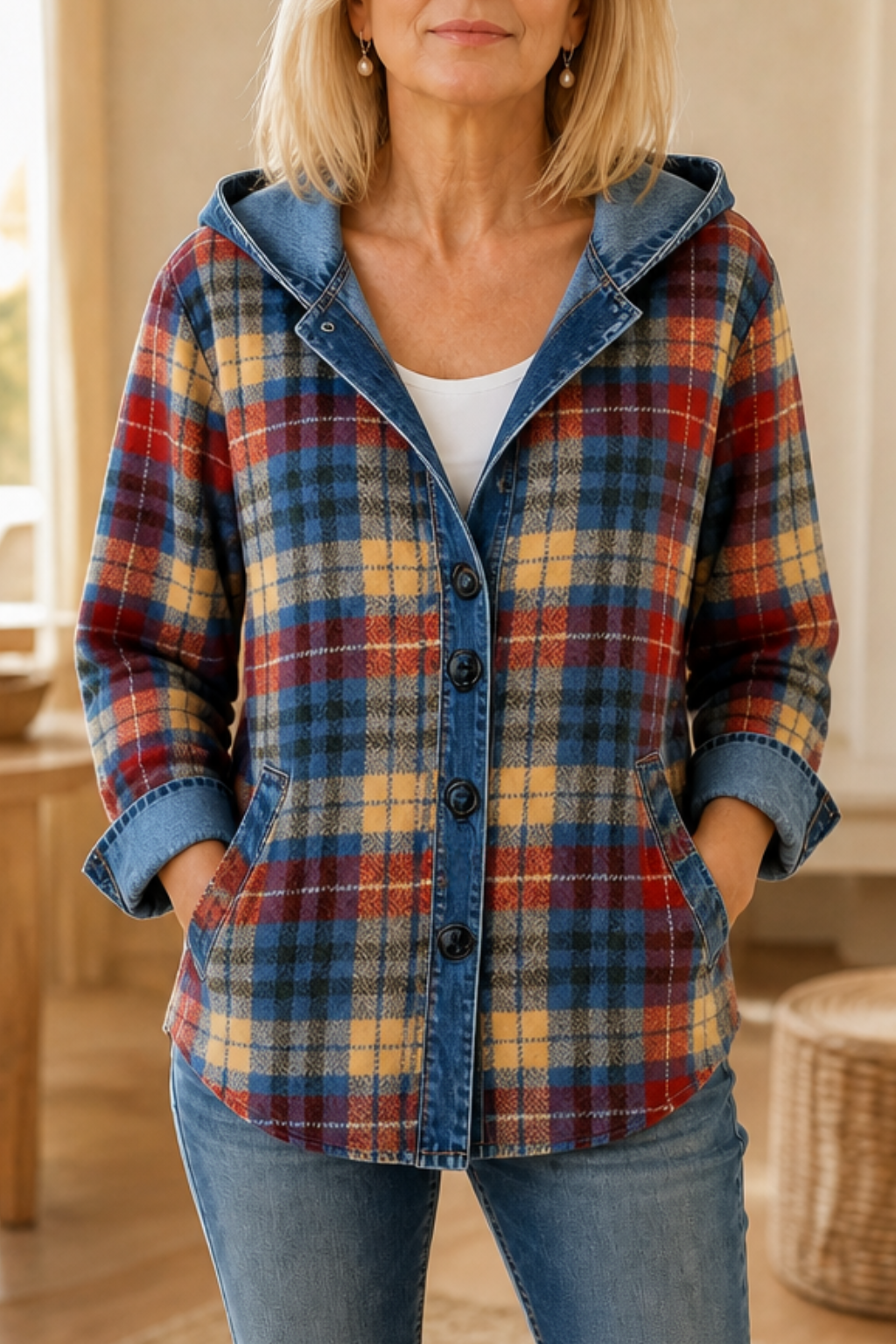 Denim-Look Patchwork Hooded Cardigan