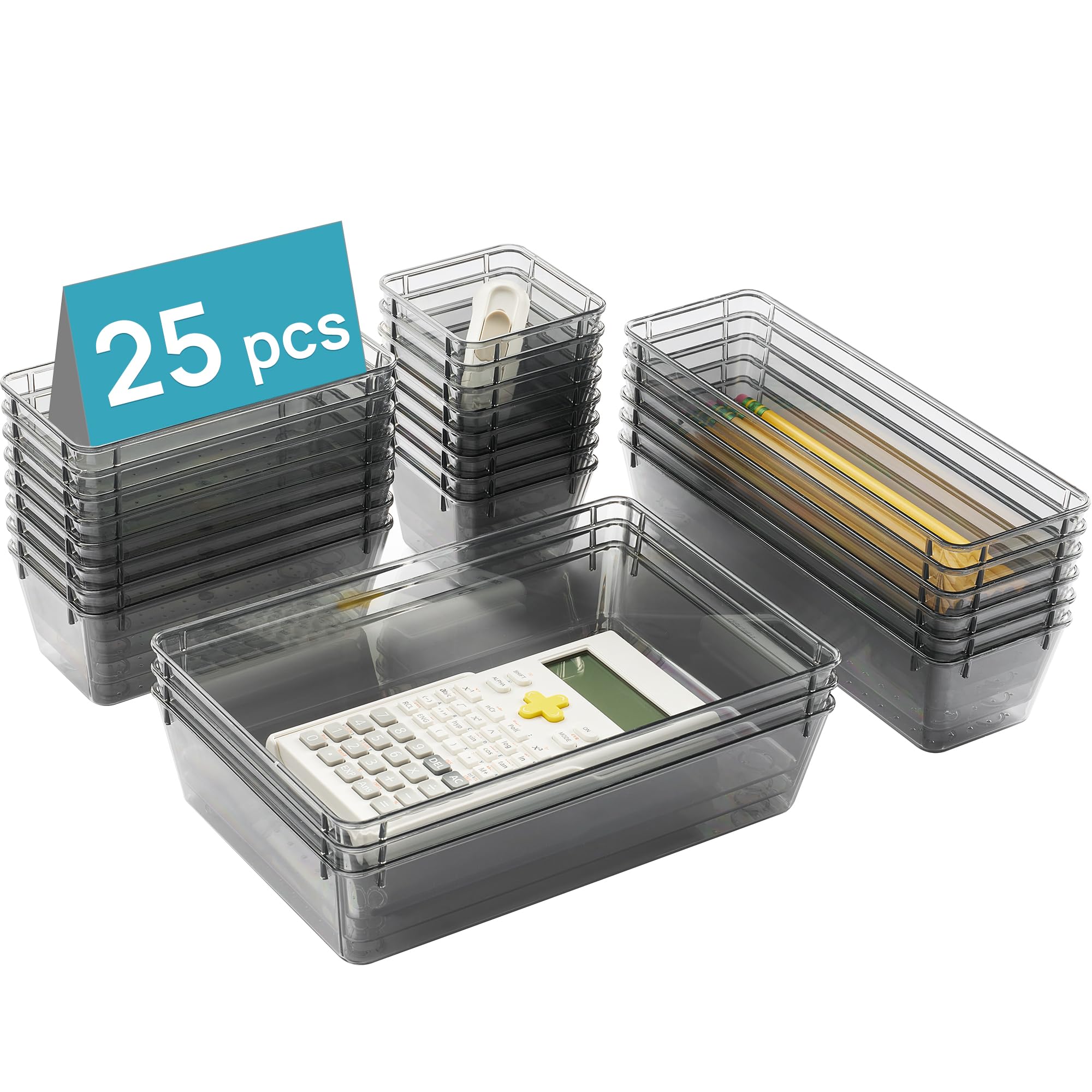 25 PCS Clear Plastic Drawer Organizers Set, 4-Size Versatile Bathroom and Vanity Drawer Organizer Trays, Storage Bins for Makeup