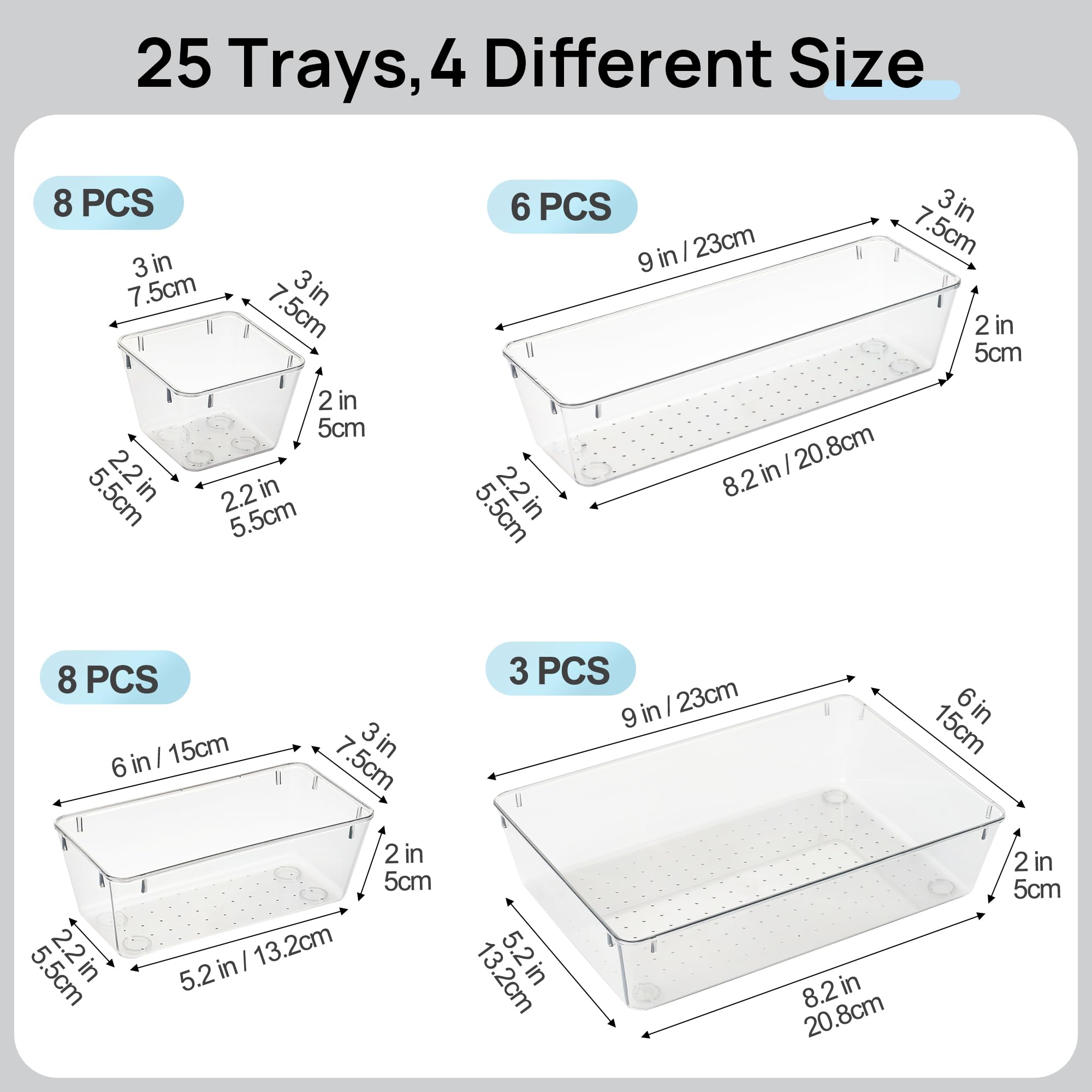 25 PCS Clear Plastic Drawer Organizers Set, 4-Size Versatile Bathroom and Vanity Drawer Organizer Trays, Storage Bins for Makeup