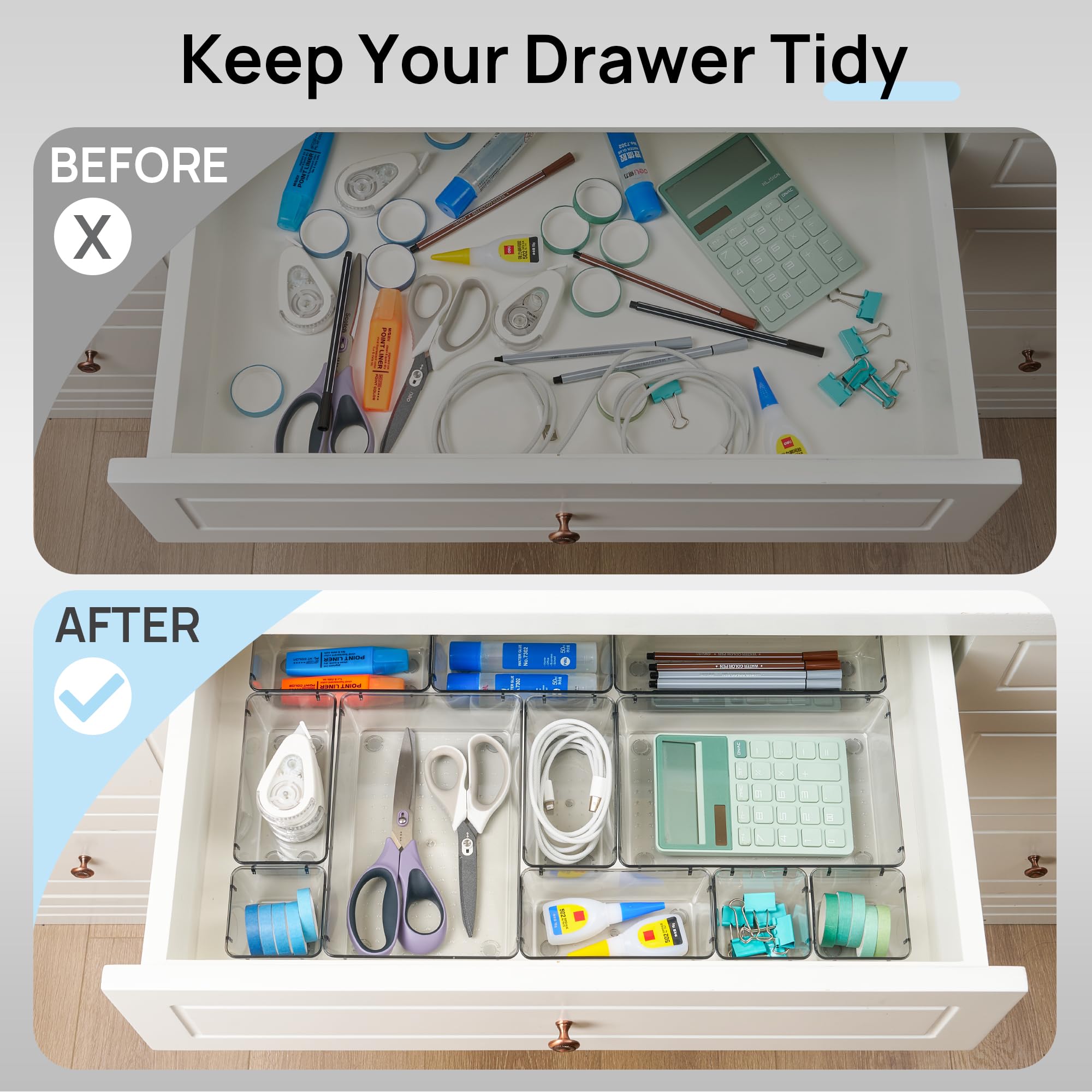 25 PCS Clear Plastic Drawer Organizers Set, 4-Size Versatile Bathroom and Vanity Drawer Organizer Trays, Storage Bins for Makeup