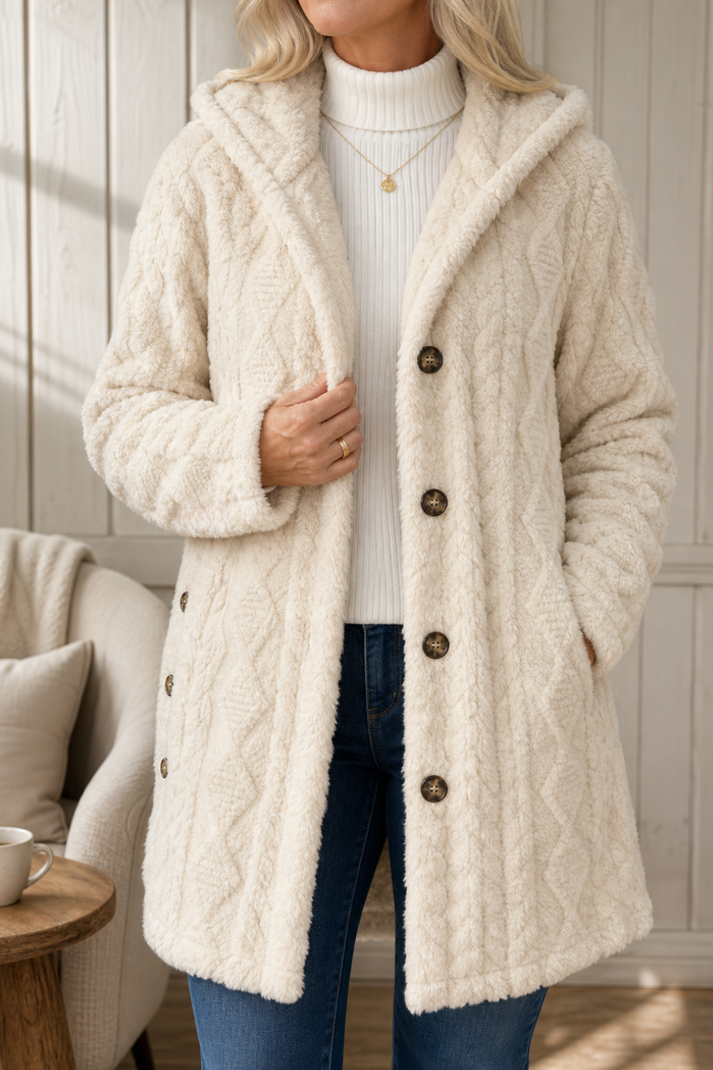 Cable-Knit Hooded Longline Coat
