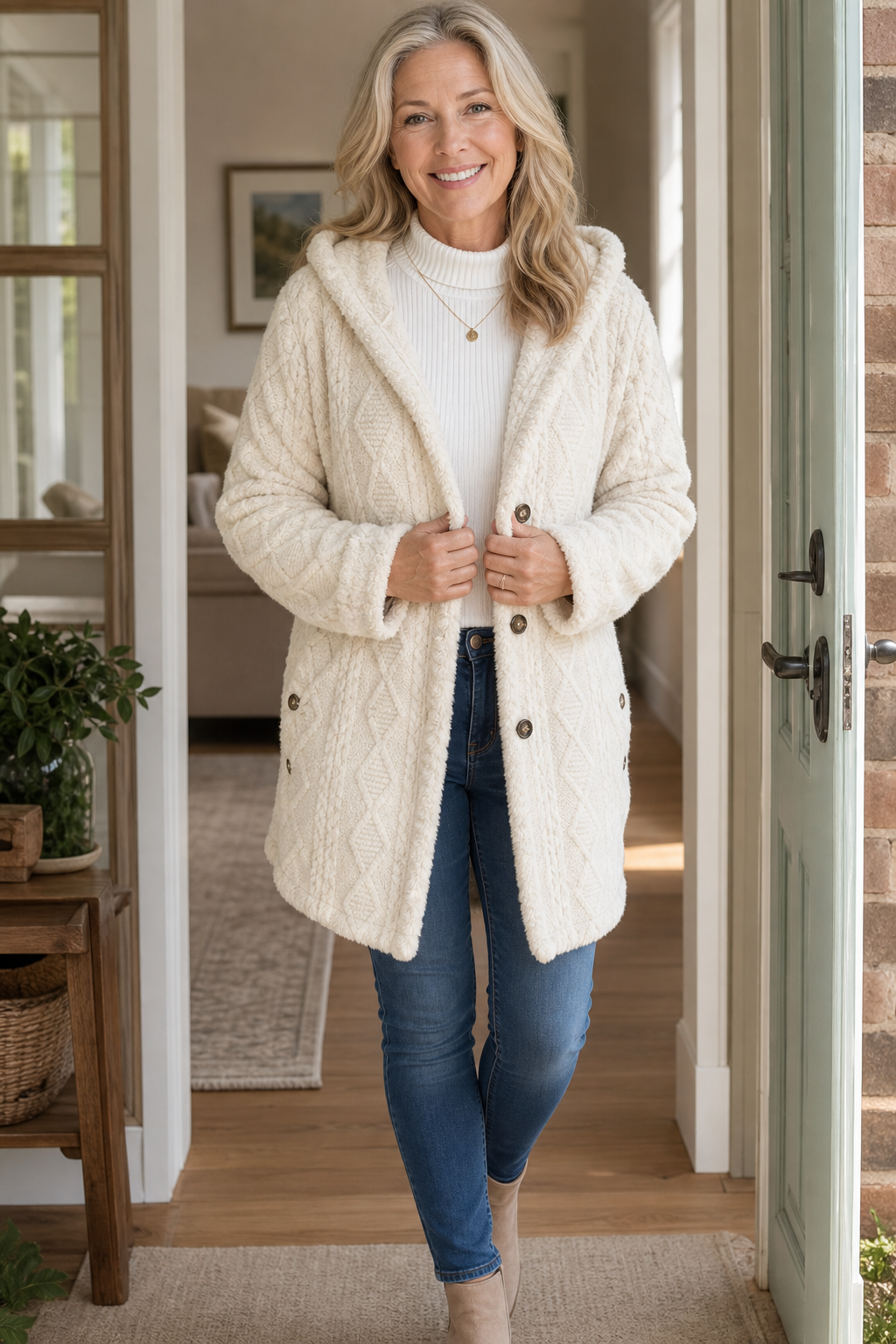 Cable-Knit Hooded Longline Coat