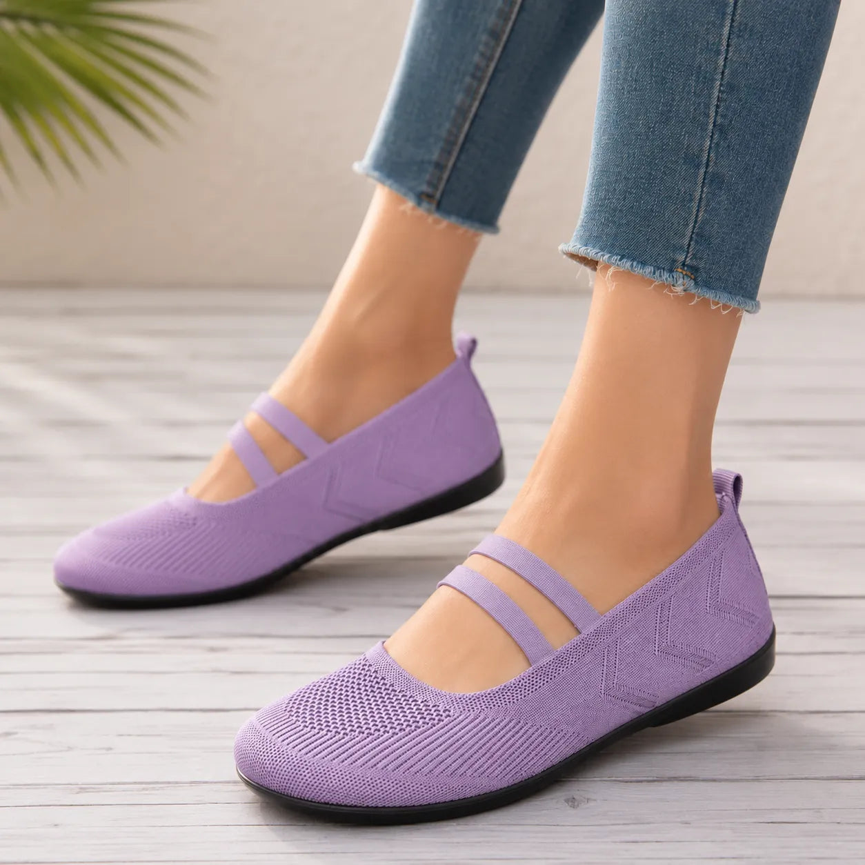 Knit Mary Jane Flats with Elastic Straps for Women, Slip On Breathable Ballet Shoes