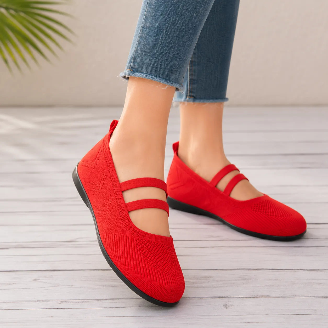 Knit Mary Jane Flats with Elastic Straps for Women, Slip On Breathable Ballet Shoes