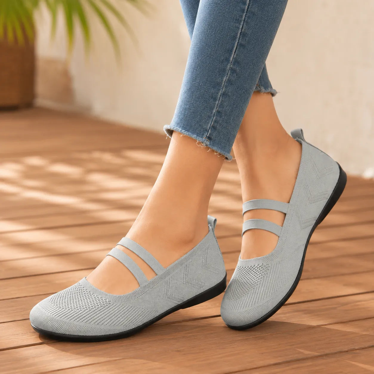 Knit Mary Jane Flats with Elastic Straps for Women, Slip On Breathable Ballet Shoes