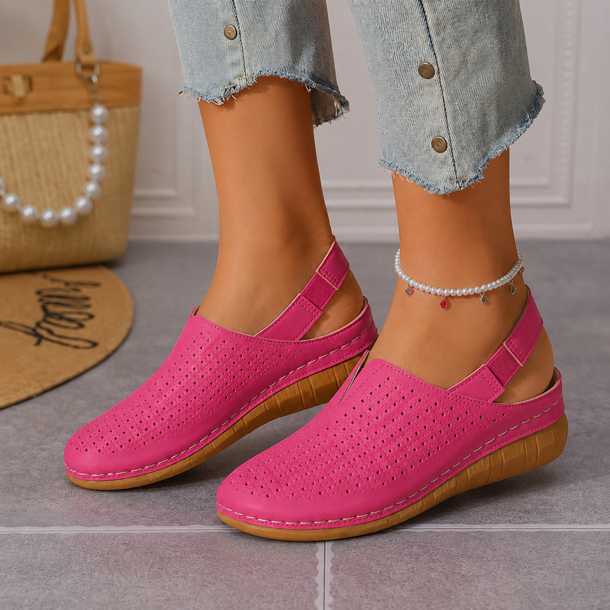 Women's Perforated Wedge Slingback Comfort Sandals
