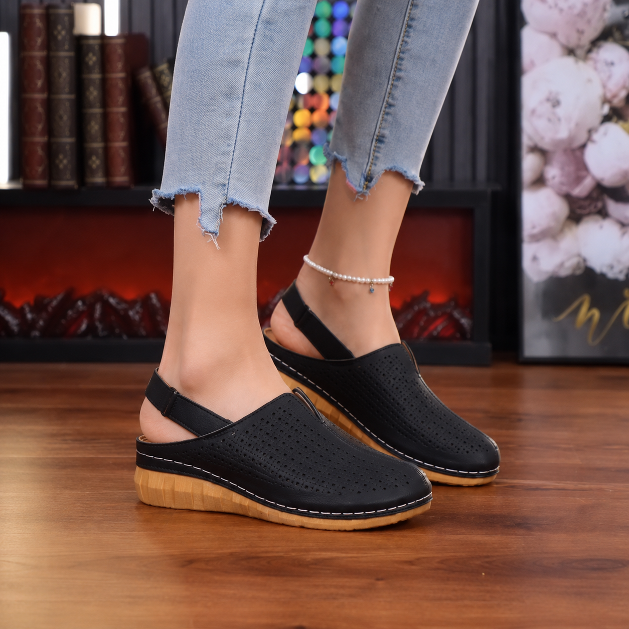 Women's Perforated Wedge Slingback Comfort Sandals