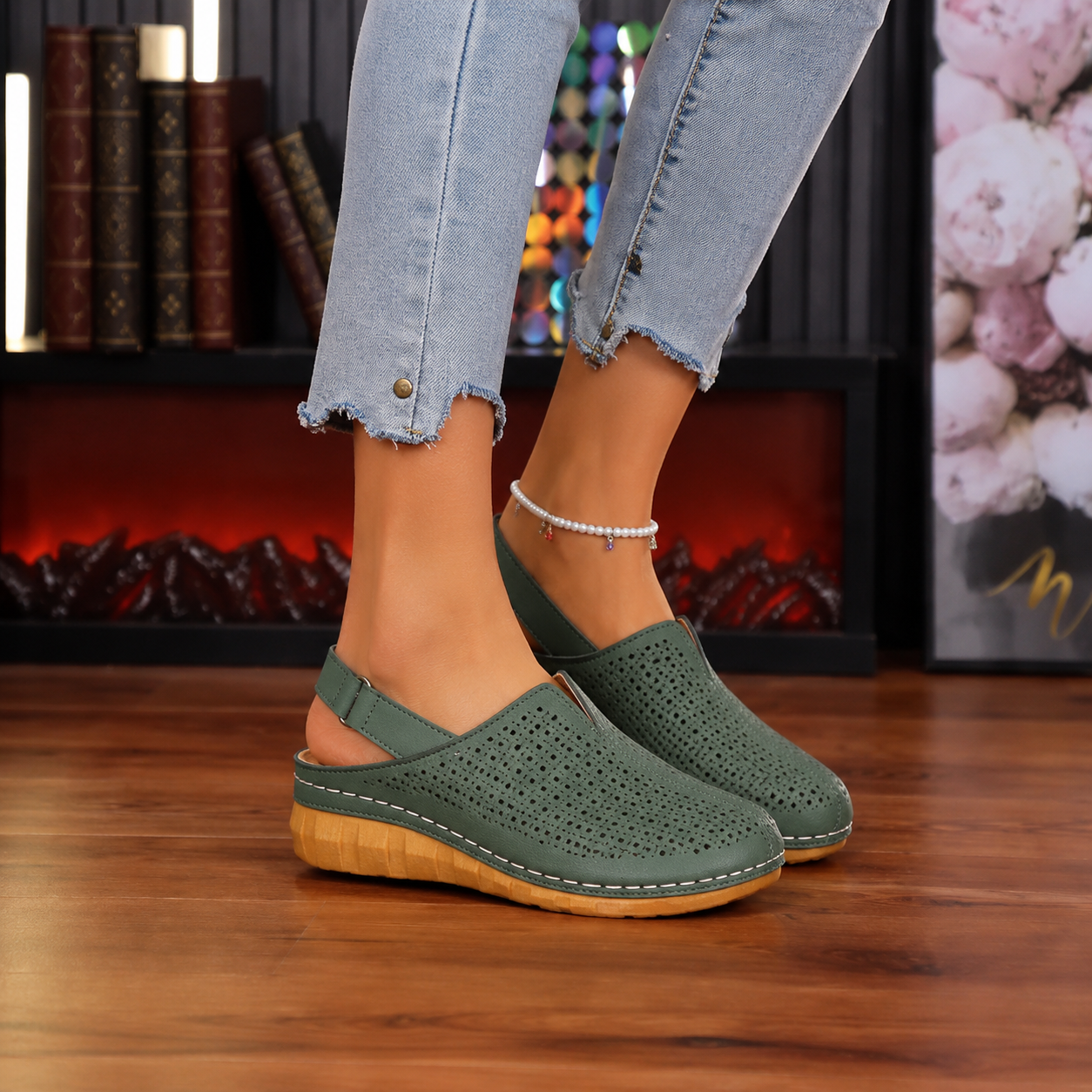 Women's Perforated Wedge Slingback Comfort Sandals