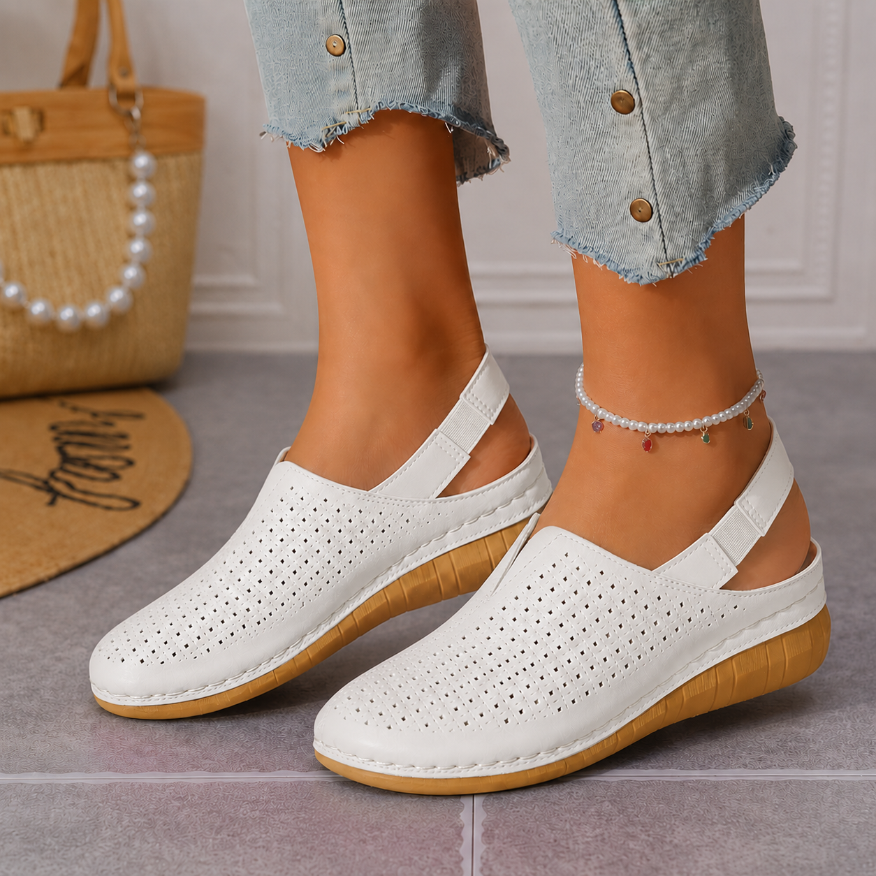 Women's Perforated Wedge Slingback Comfort Sandals