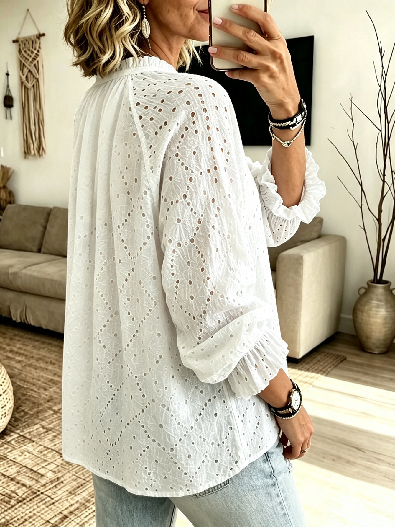 Women’s Eyelet Embroidery Ruffled Collar Puff 3/4 Sleeve Loose Button Down Blouse