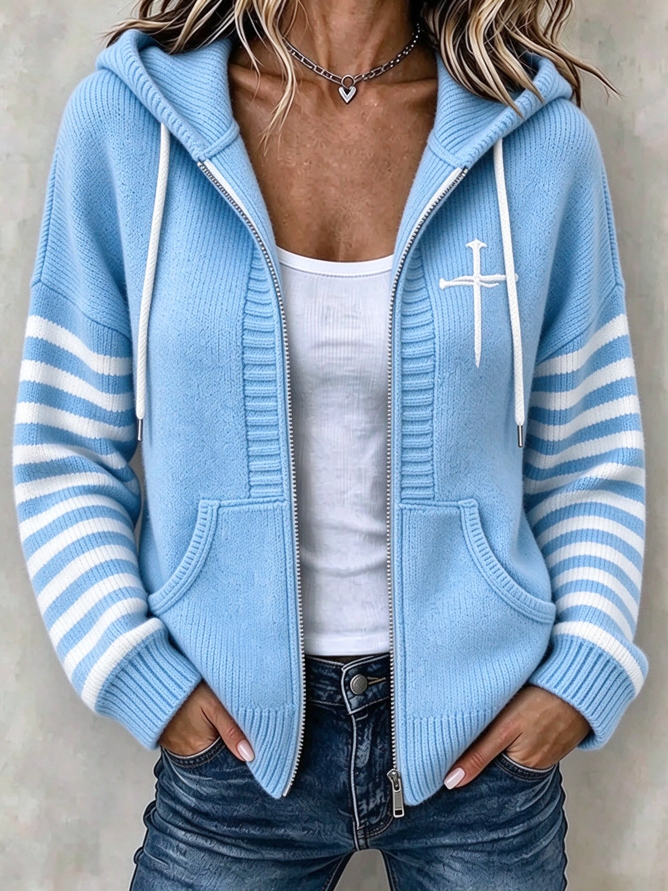 Women Striped Long Sleeve Hoodie Casual Spring/Fall Jacket Outerwear