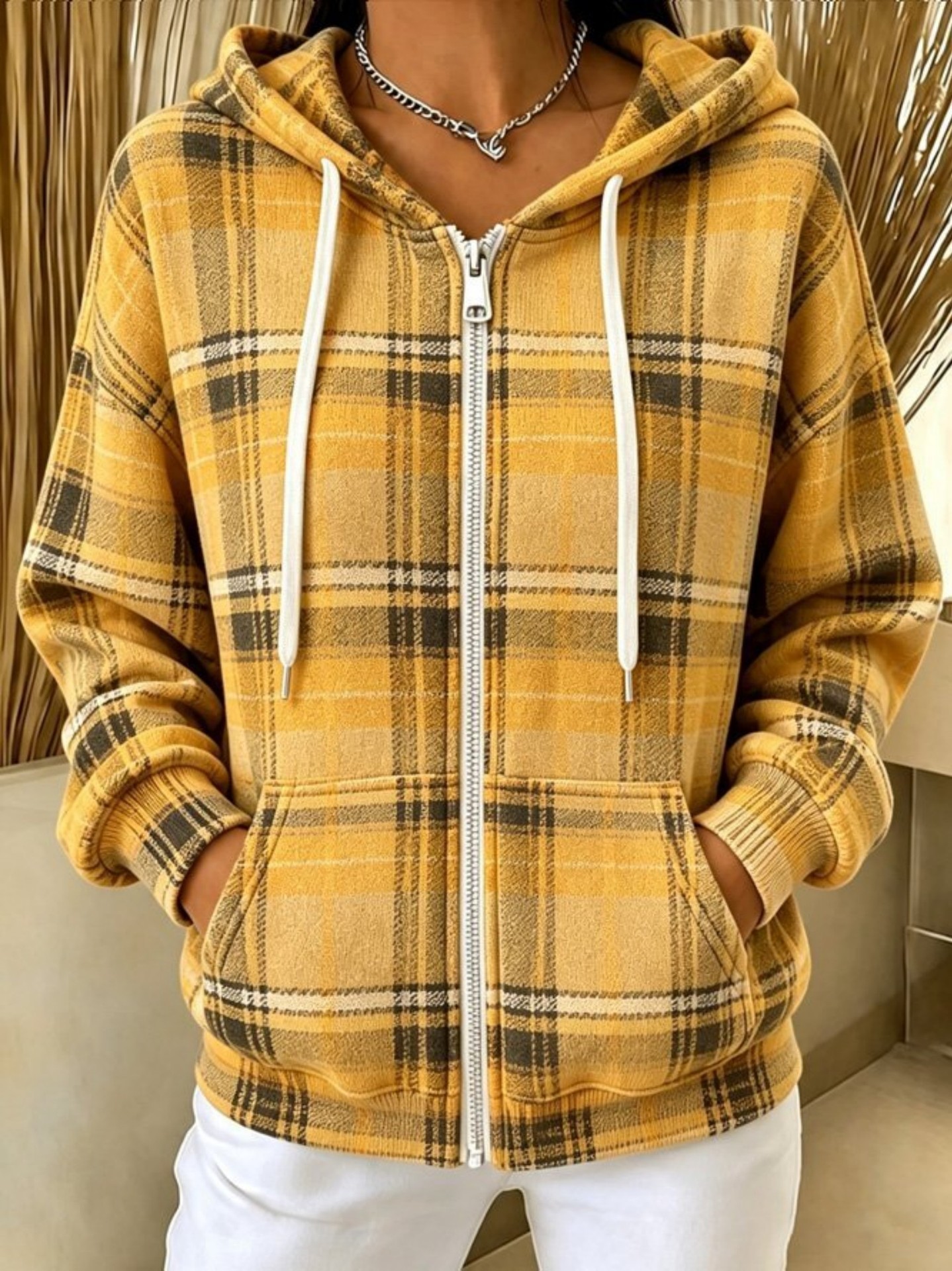 🧥✨ Women's Plaid Hooded Zip-Up Cardigan Sweatshirt Jacket 🤎🔲