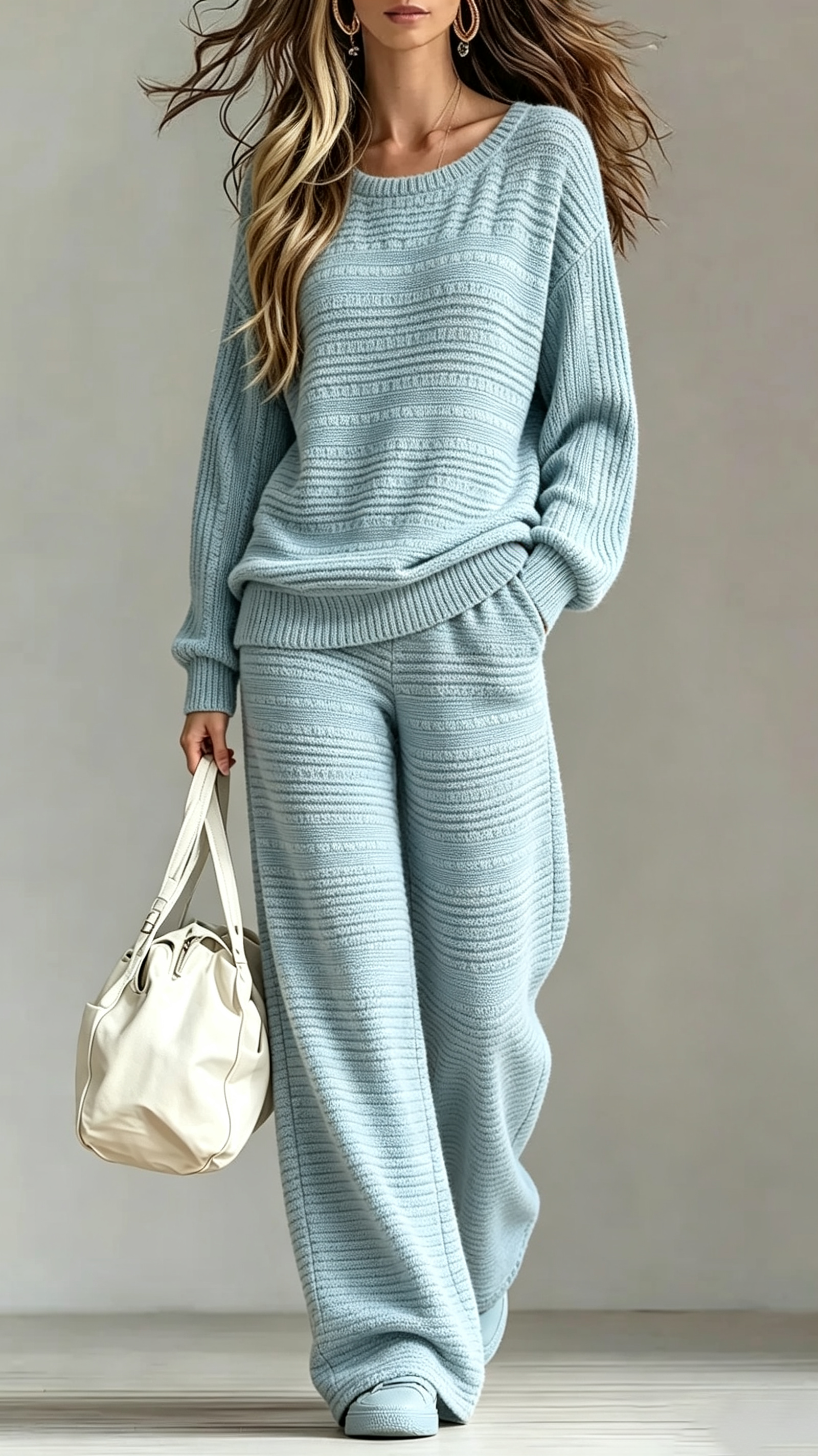 Textured Rib‑Knit Crew Neck Wide‑Leg Knit Two‑Piece Set