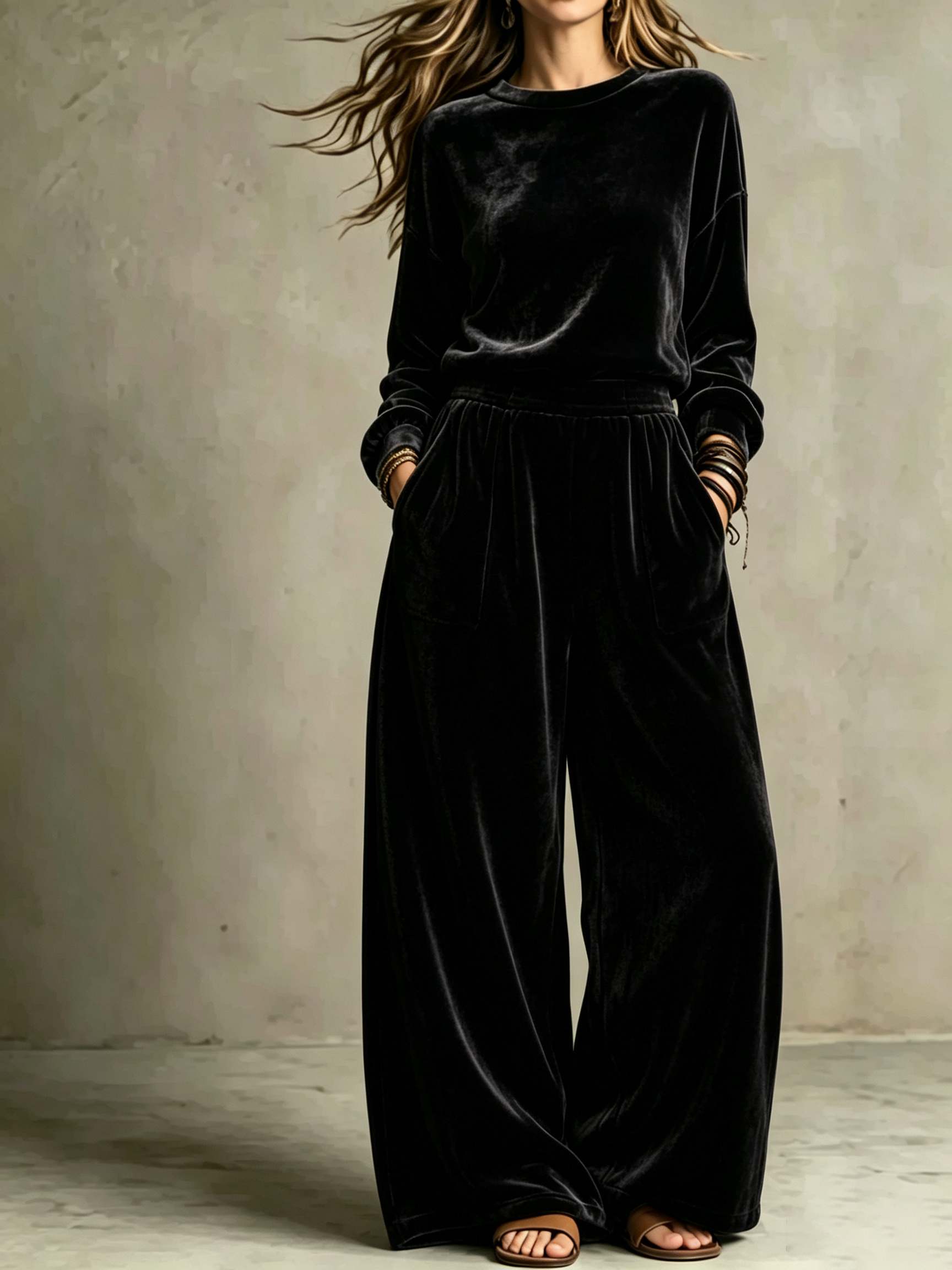 2-Piece Velour Co-Ord Set | Oversized Crew Neck Long Sleeve Top & High Waist Wide Leg Pants Loungewear Outfit