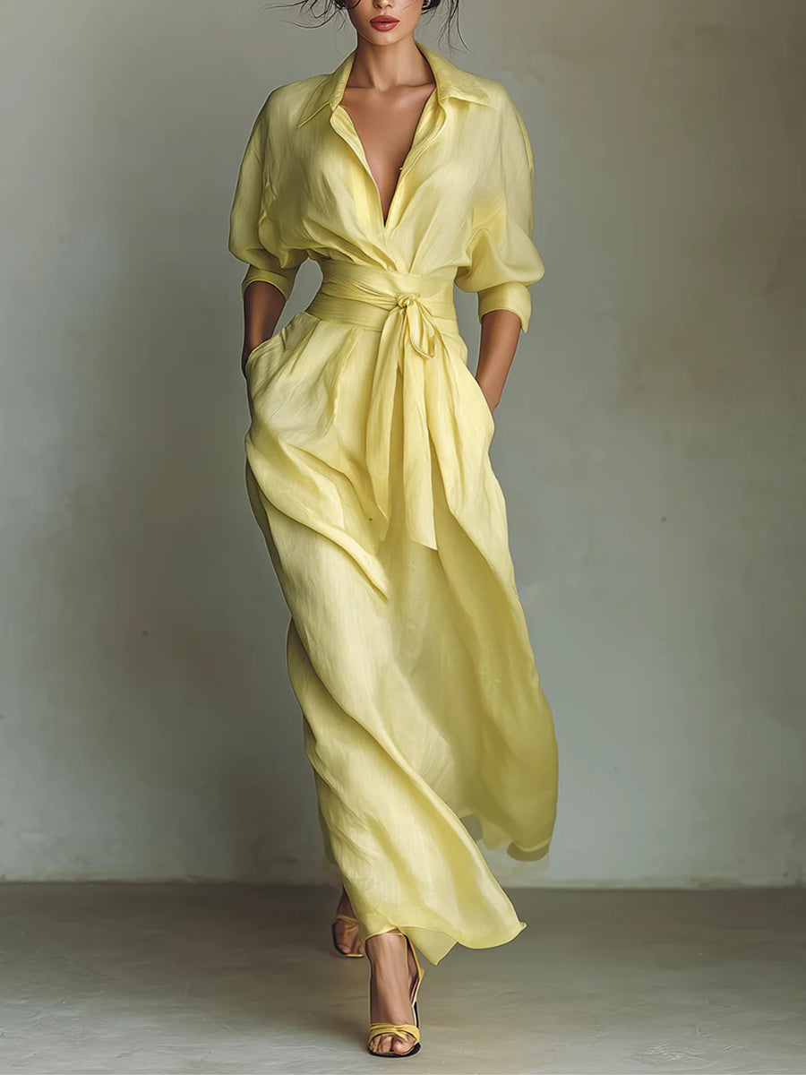 Women's Solid Color Waist-Slimming Maxi Dress — Flip Collar