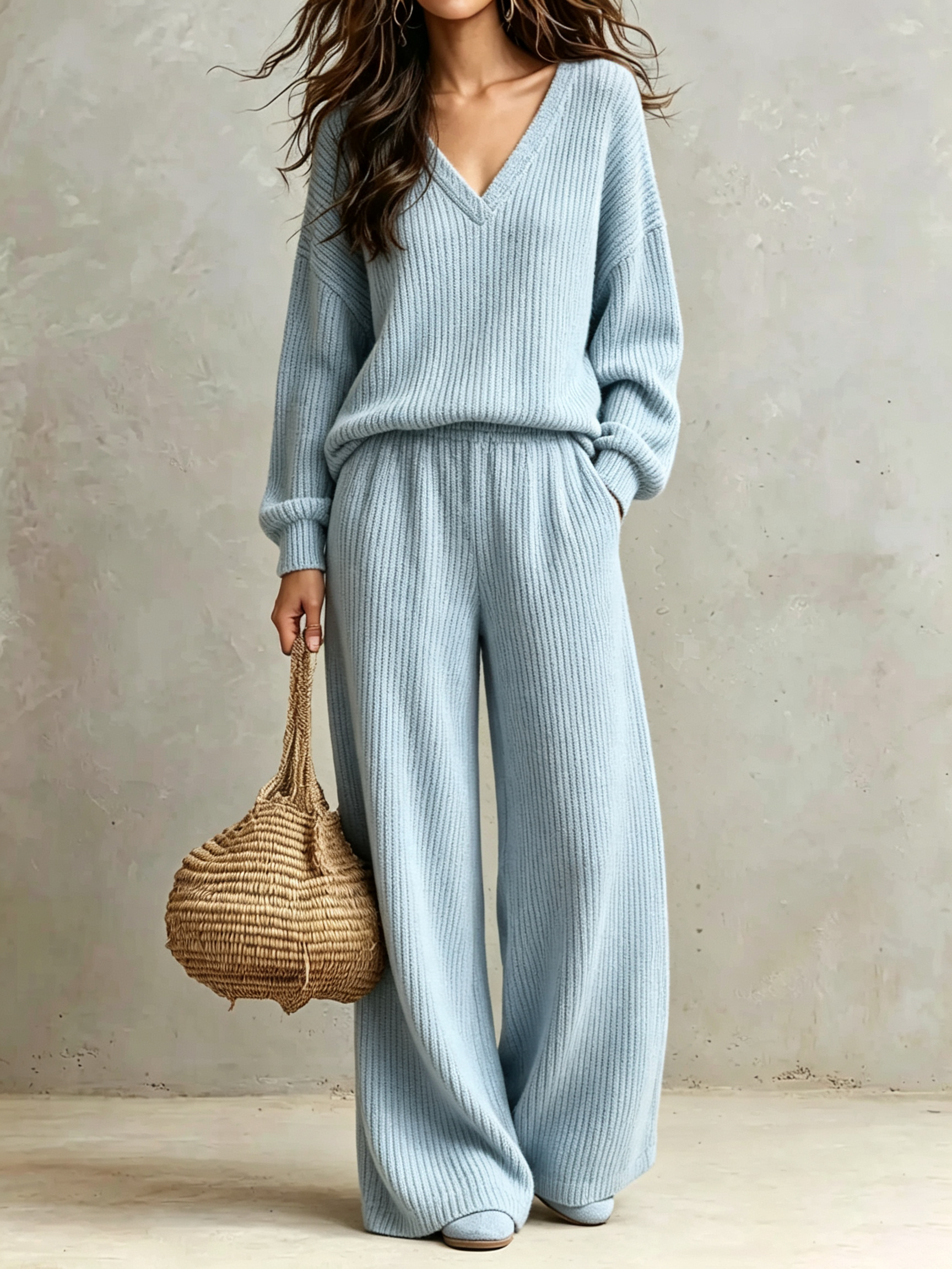 V‑Neck Rib‑Knit Wide‑Leg Knit Two‑Piece Loungewear Set