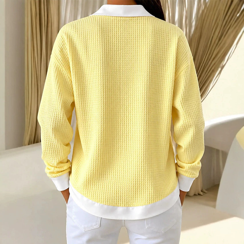 👚 Women's V-Neck Waffle-Knit Contrast Loose-Fit Casual Collared Long-Sleeve Sweatshirt 🤍