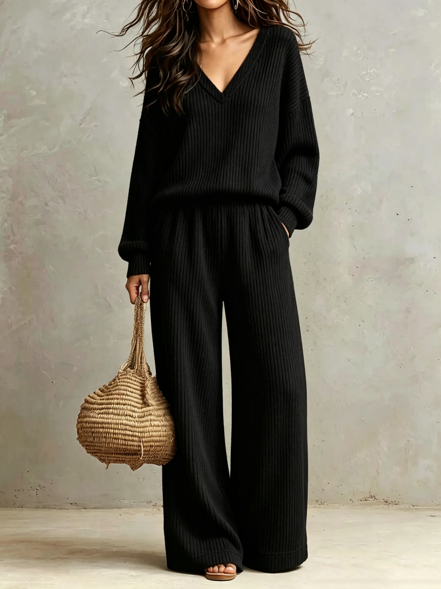 V‑Neck Rib‑Knit Wide‑Leg Knit Two‑Piece Loungewear Set