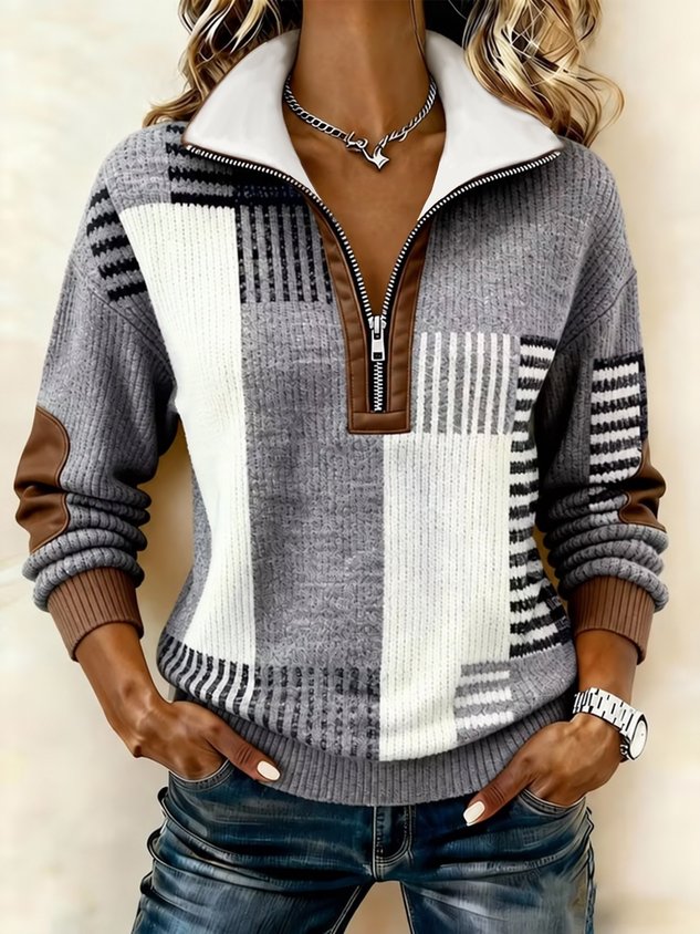 Women‘s Color Block Half Open Collar Casual Spring/Fall Long Sleeve Sweatshirt