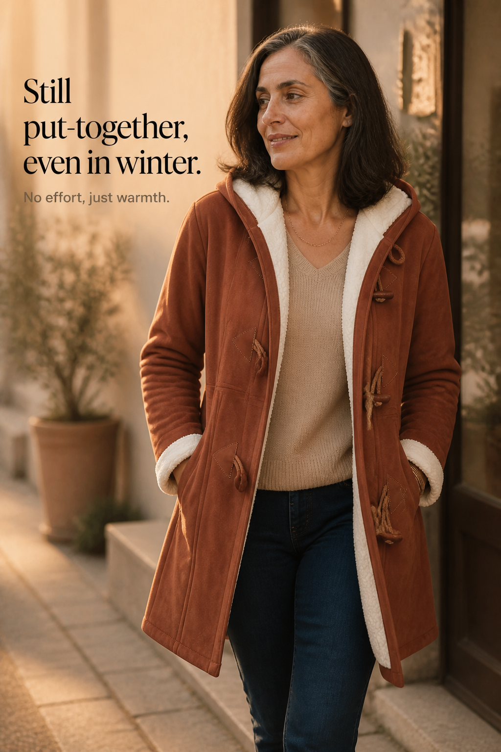 Hooded Faux Suede Coat With Plush Lining