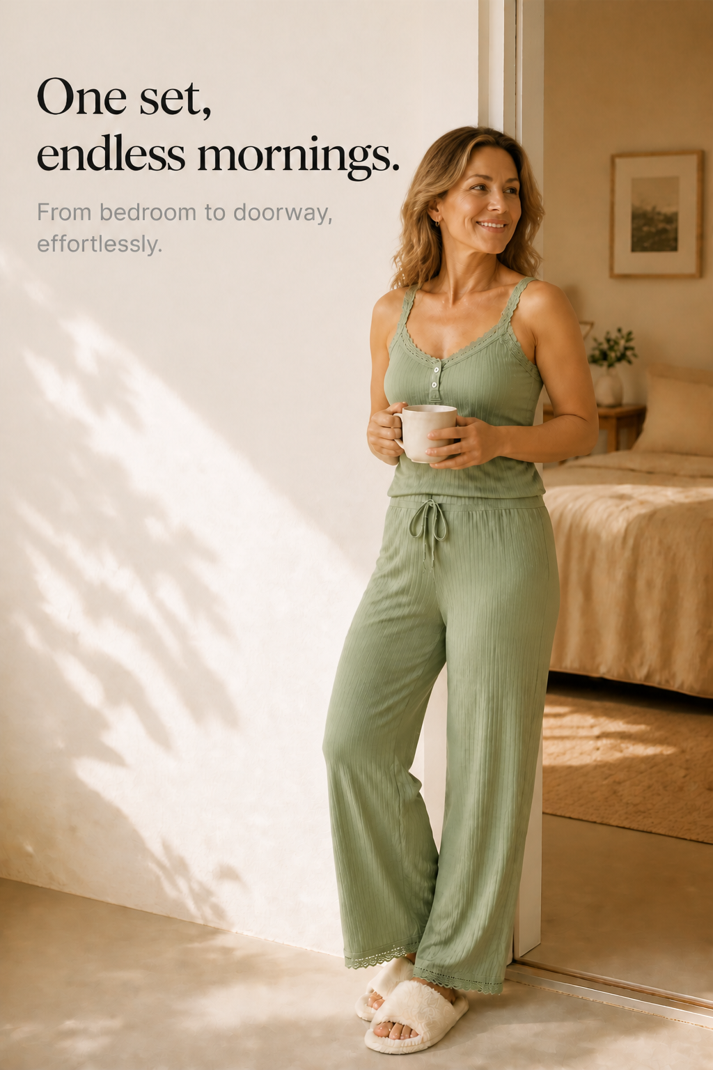  Ribbed Lace-Look Trim Two-Piece Lounge Set