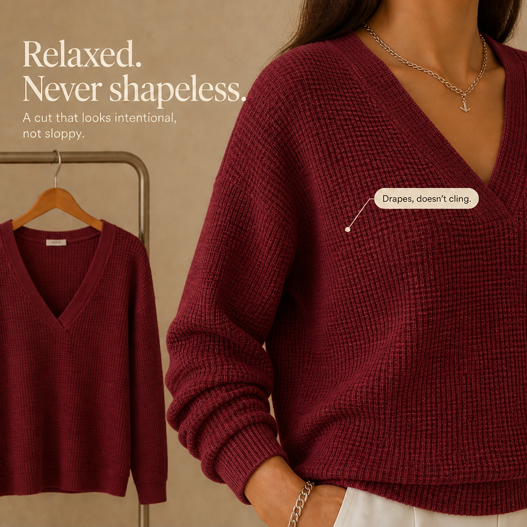 Waffle Knit Drop-Shoulder V-Neck Top
