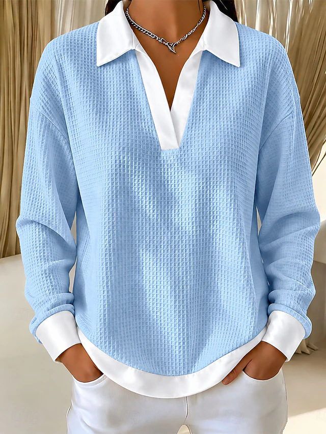 👚 Women's V-Neck Waffle-Knit Contrast Loose-Fit Casual Collared Long-Sleeve Sweatshirt 🤍