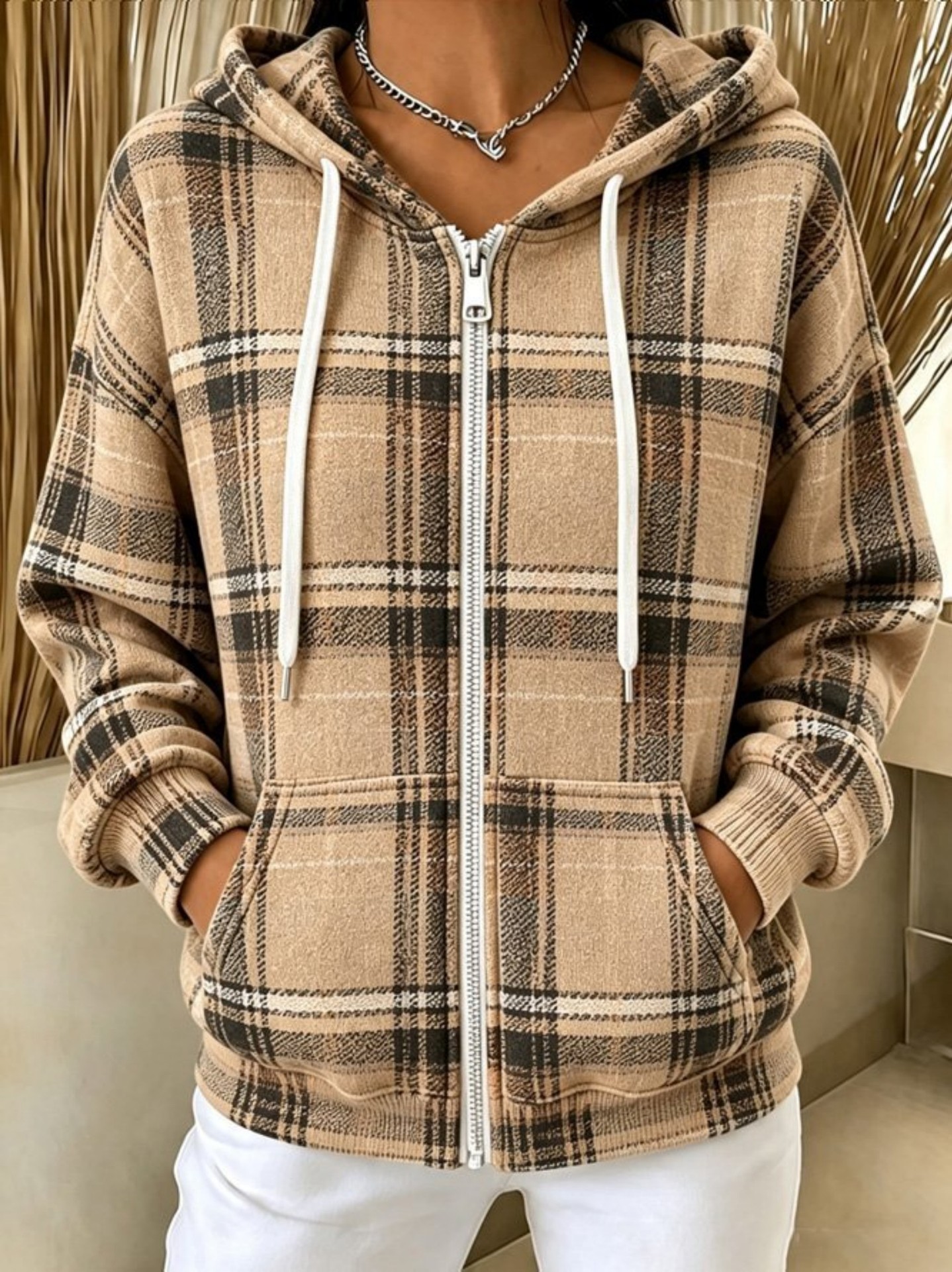 🧥✨ Women's Plaid Hooded Zip-Up Cardigan Sweatshirt Jacket 🤎🔲