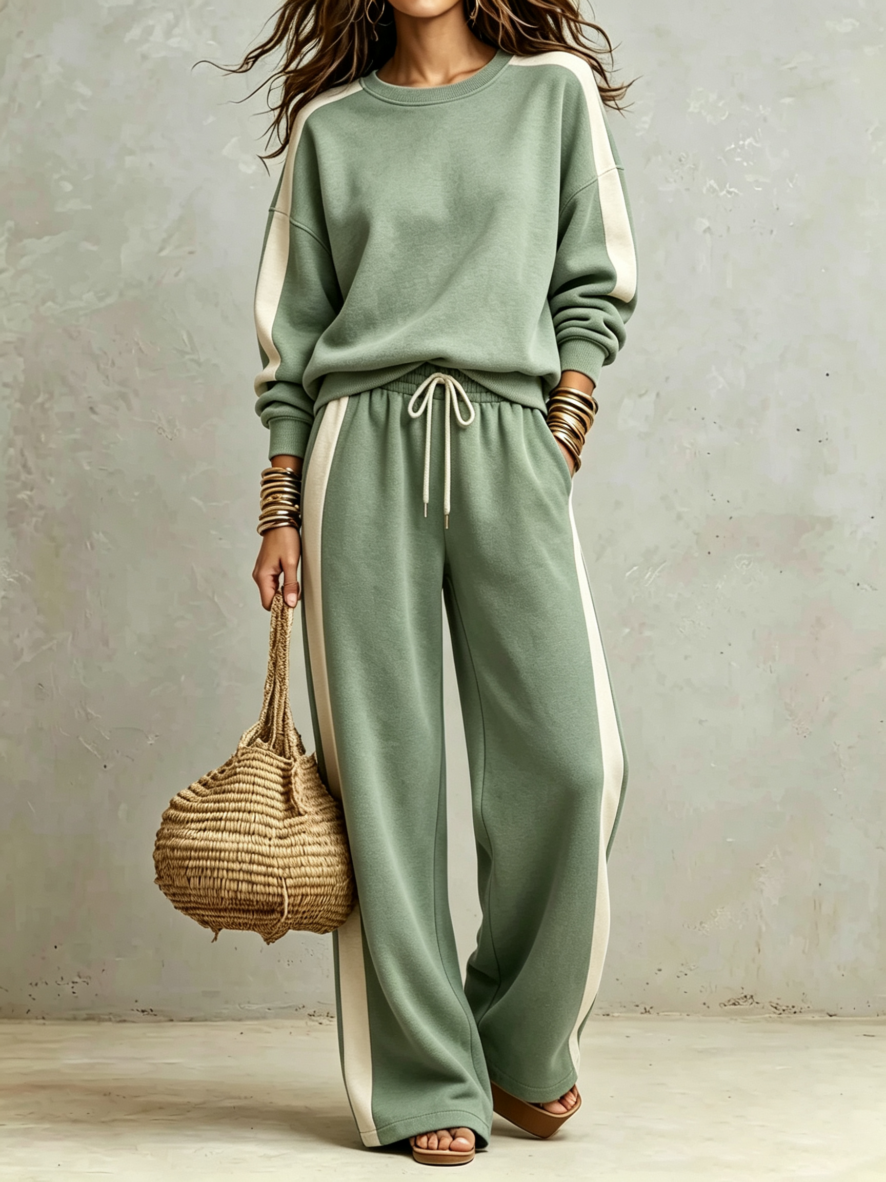 Side‑Stripe Crew Neck Wide‑Leg Sweatpant Two‑Piece Tracksuit Set
