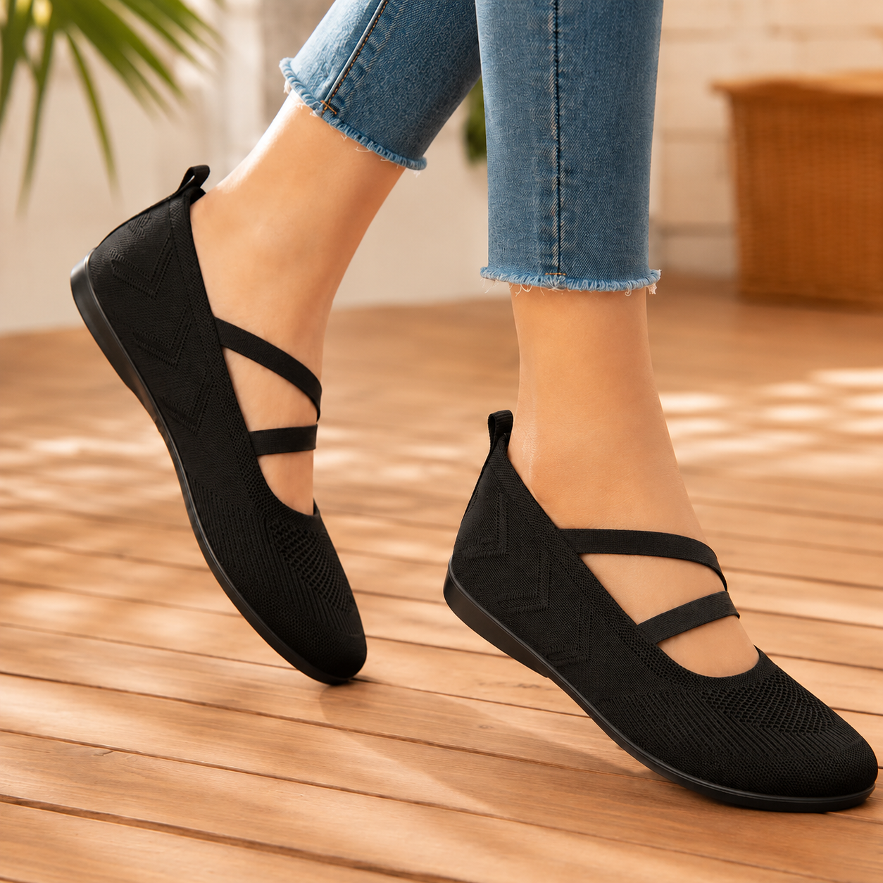 Knit Mary Jane Flats with Elastic Straps for Women, Slip On Breathable Ballet Shoes
