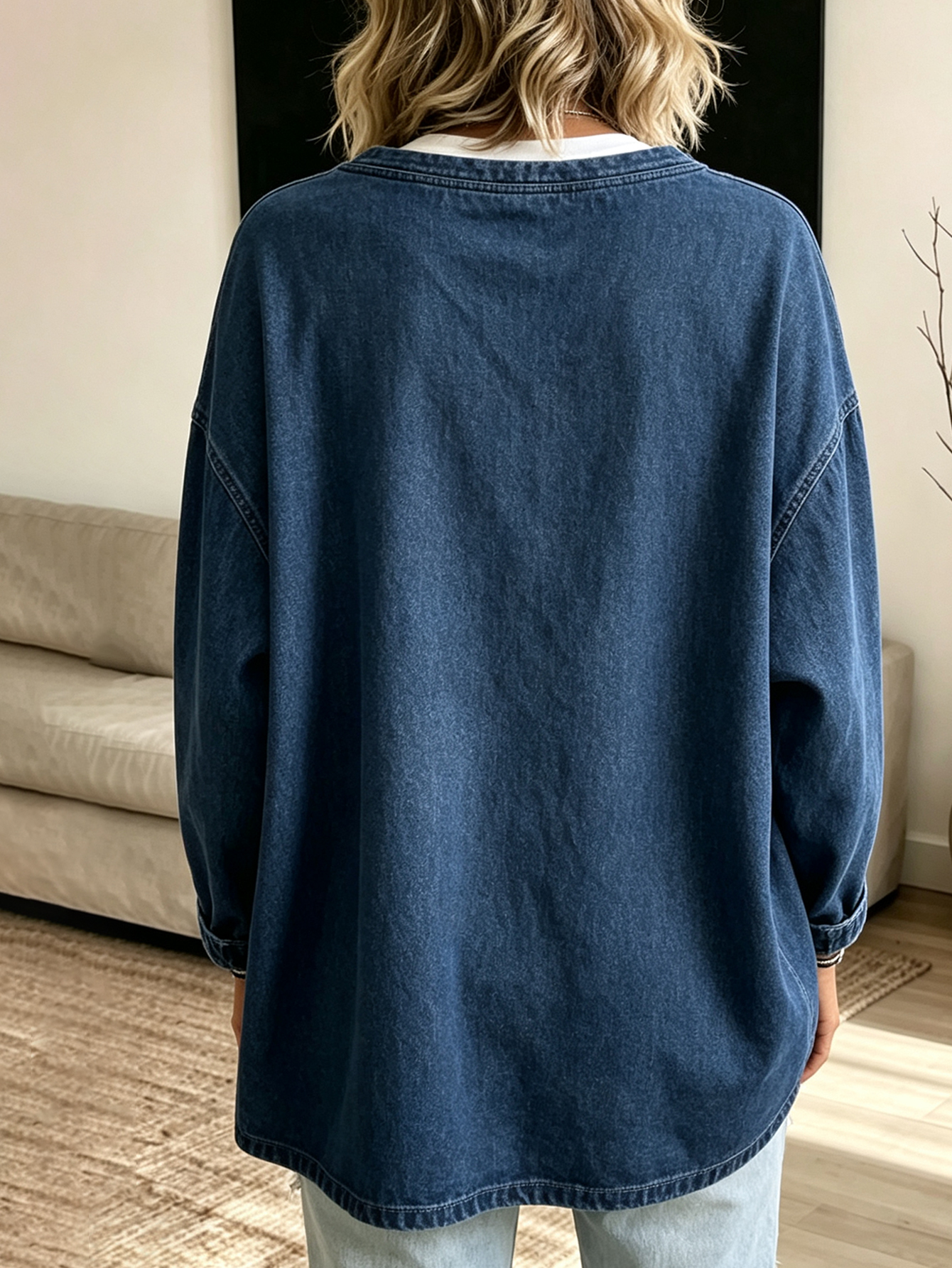 🤠 Women’s Round Neck Denim Top Half Zip Long Sleeve Loose Fit Casual Blouse