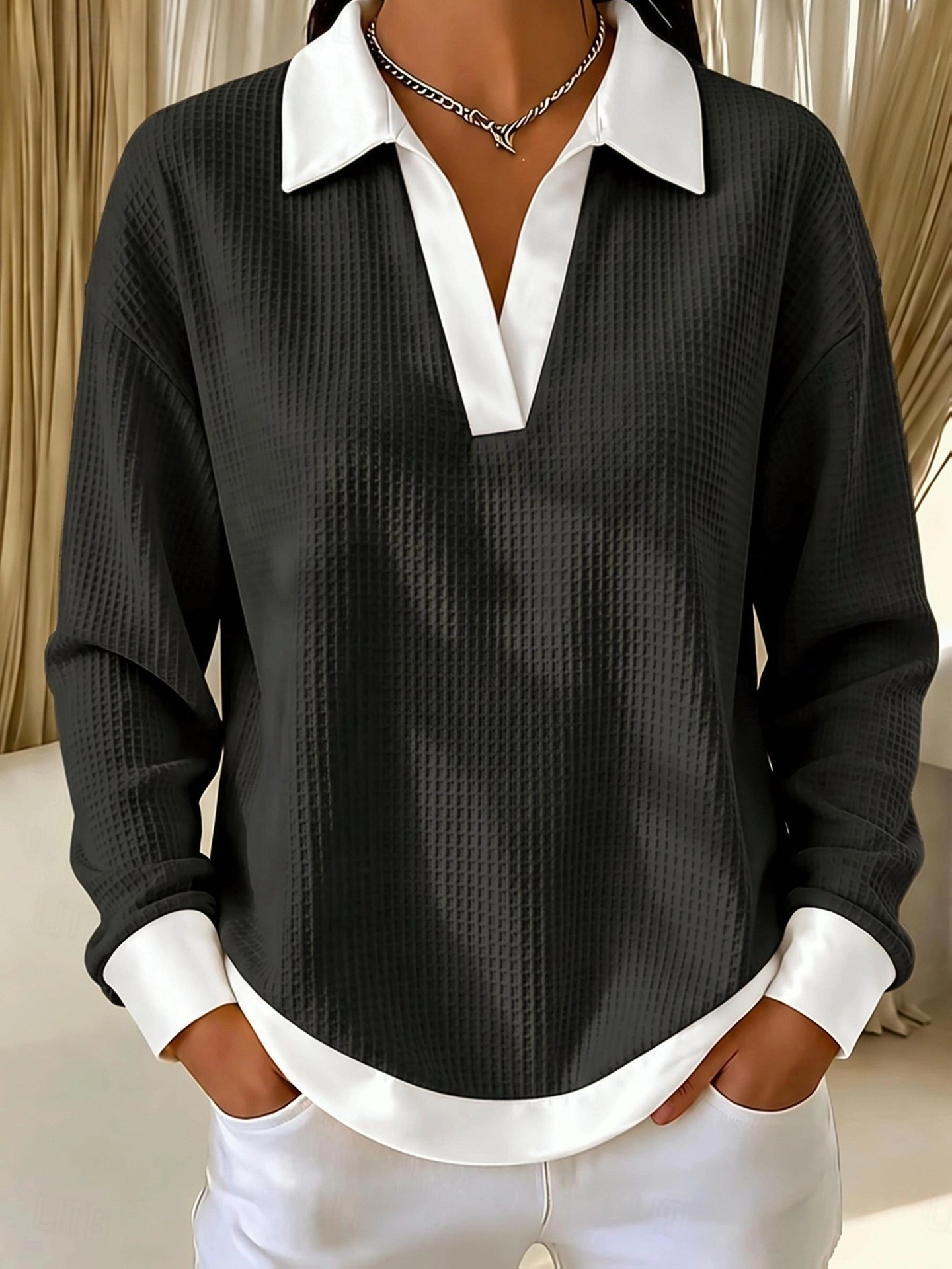 👚 Women's V-Neck Waffle-Knit Contrast Loose-Fit Casual Collared Long-Sleeve Sweatshirt 🤍
