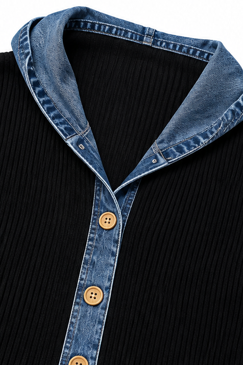 Denim-Look Patchwork Hooded Cardigan