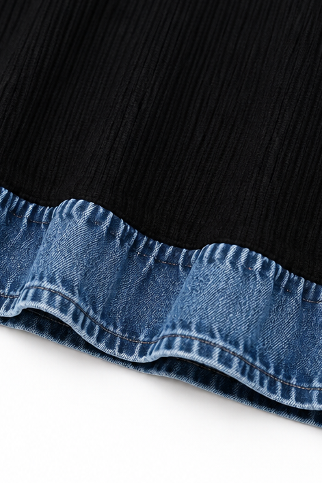 Denim-Look Patchwork Hooded Cardigan