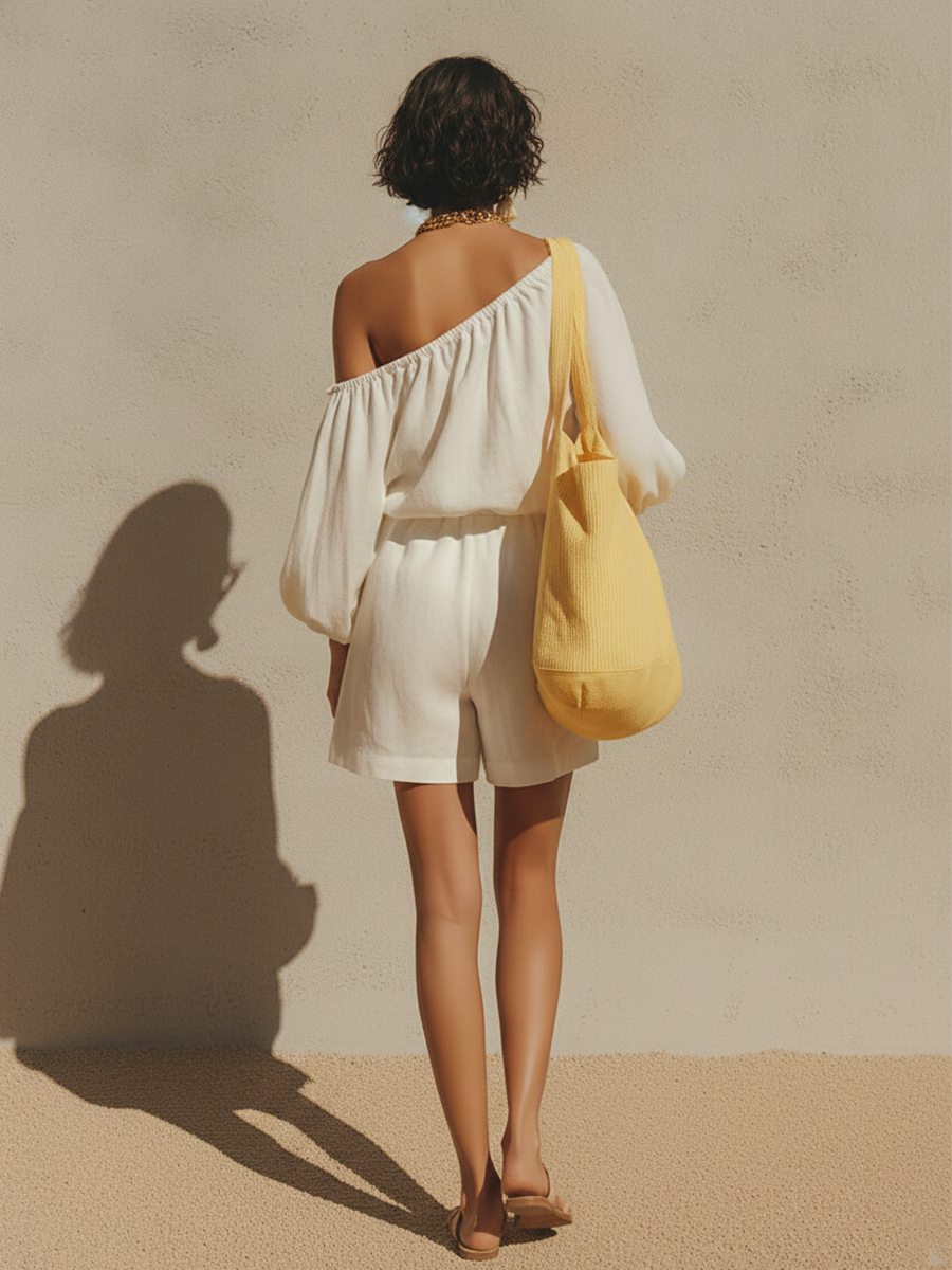 Women's White Linen-Blend Off-the-Shoulder Jumpsuit With Drawstring Neck & Cargo Pocket Shorts, Casual Summer Vacation Jumpsuit