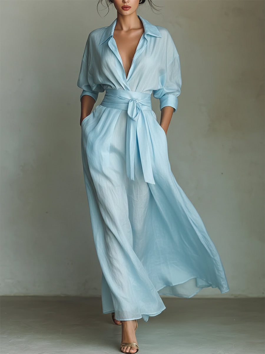 Women's Solid Color Waist-Slimming Maxi Dress — Flip Collar