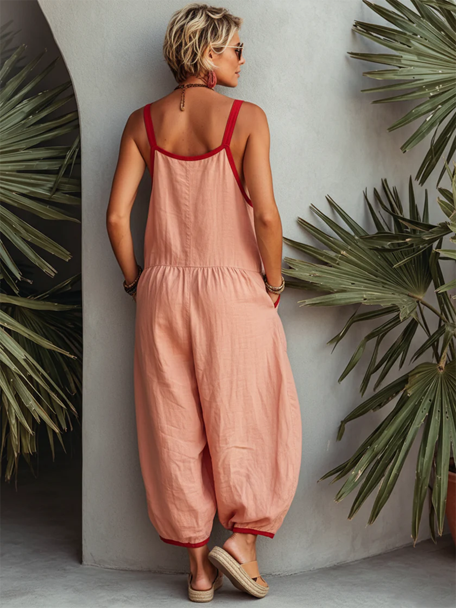 Casual Contrast-trimmed Cotton-linen Straps Jumpsuit