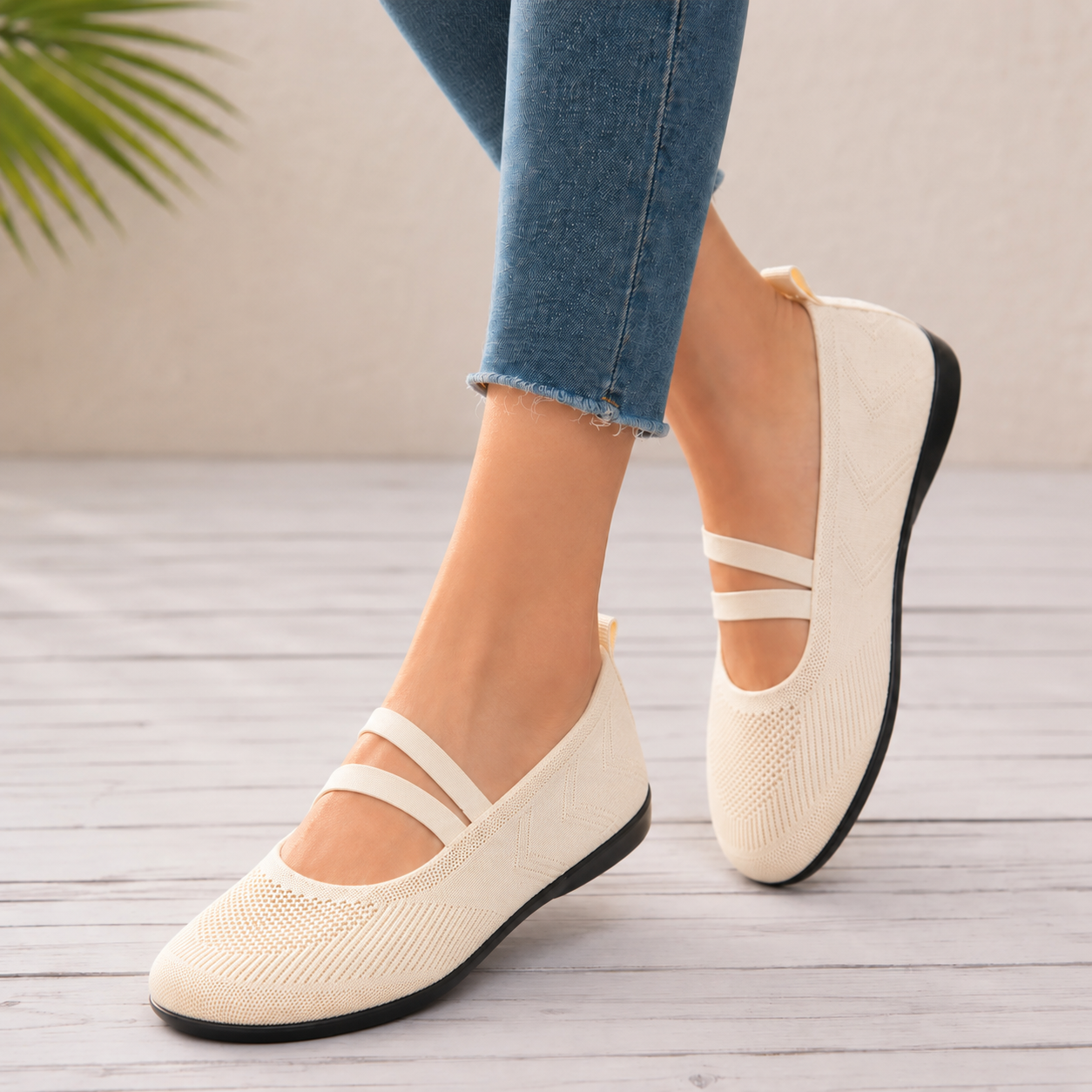 Knit Mary Jane Flats with Elastic Straps for Women, Slip On Breathable Ballet Shoes
