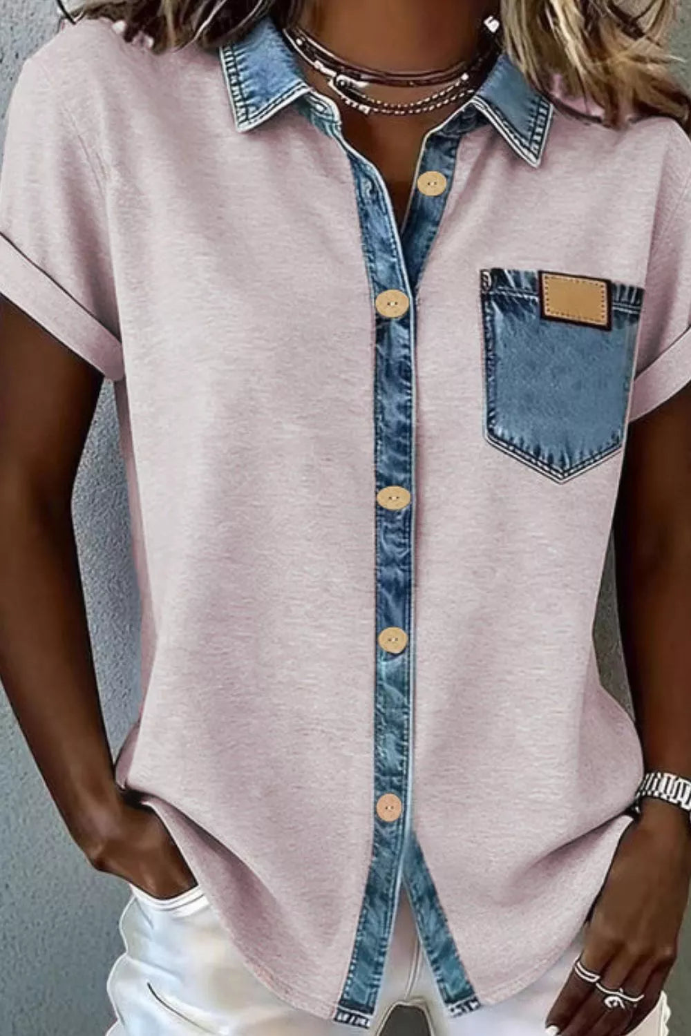 Denim Trim Button-Down Shirt