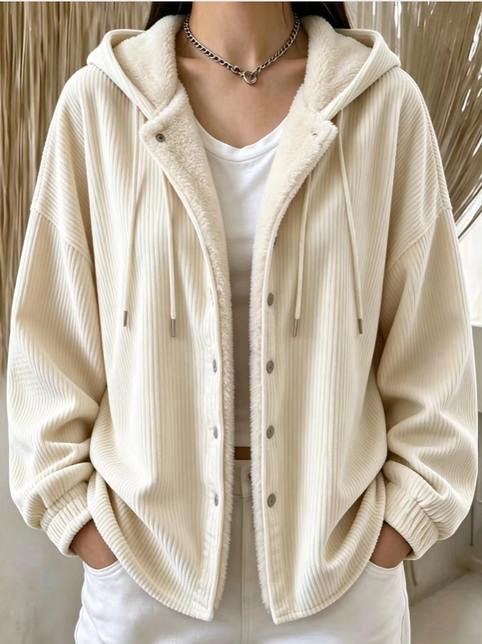 🧥✨ Women's Casual Corduroy Hooded Fleece-Lined Jacket Cardigan 🤎🧸