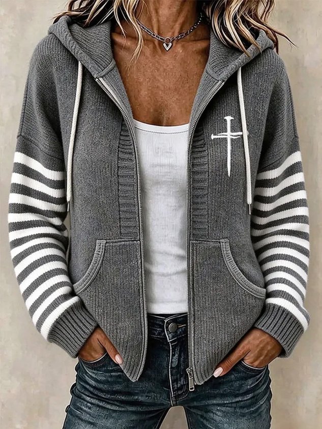 Women Striped Long Sleeve Hoodie Casual Spring/Fall Jacket Outerwear