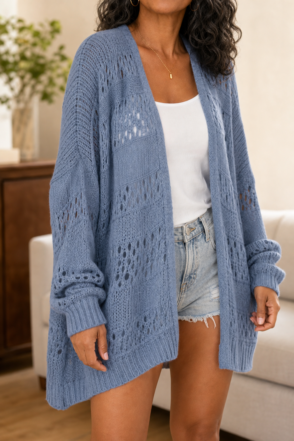  Pointelle Open-Front Batwing Cardigan